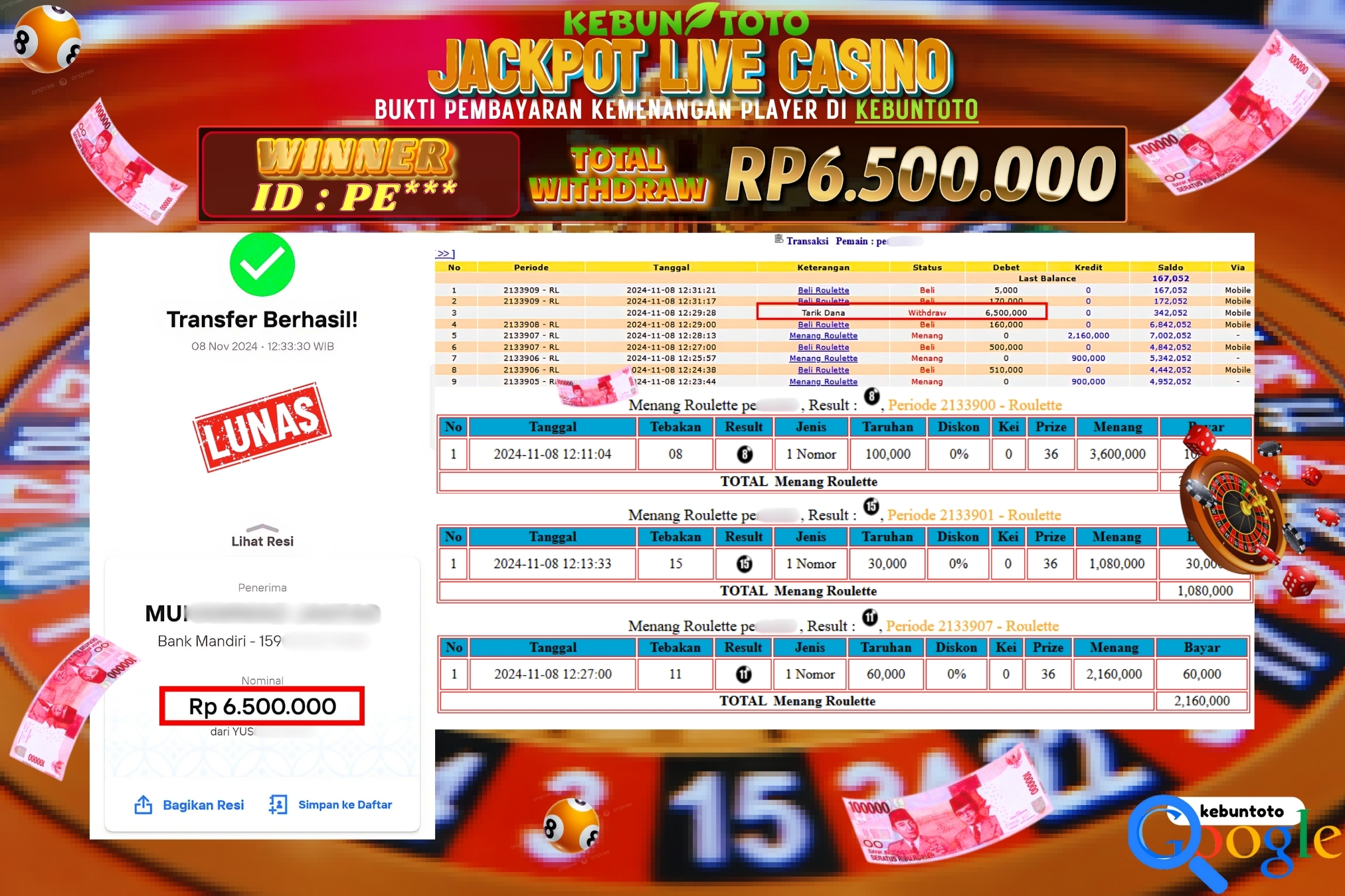 KEBUNTOTO JACKPOT LIVE CASINO ROULETTE Rp.6.500.000,- LUNAS