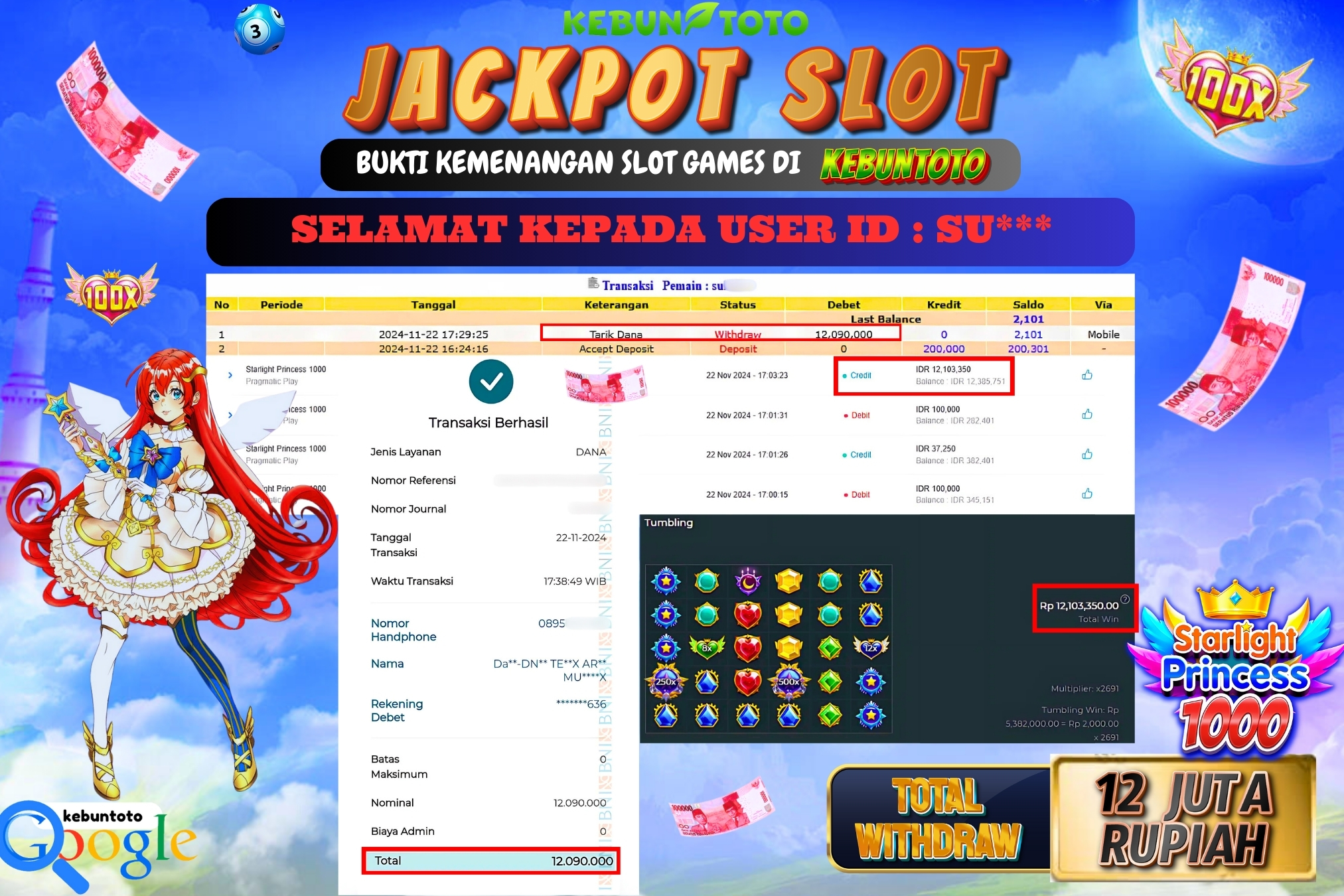 KEBUNTOTO JACKPOT SLOT STARLIGHT PRINCESS 1000 Rp.12.090.000,- LUNAS