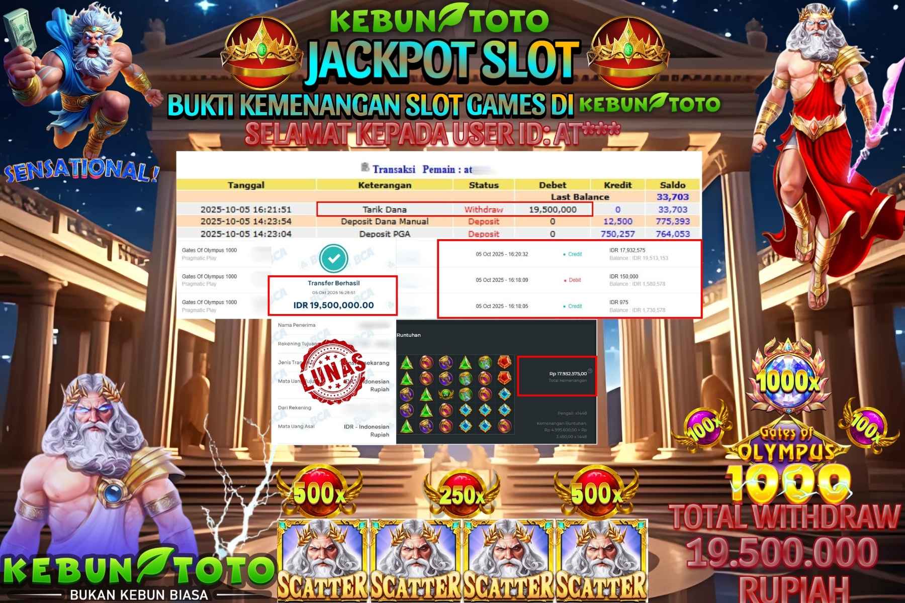 Bukti Kemenangan Rp 19.500.000 SLOT GATES OF OLYMPUS 1000 di KEBUNTOTO!