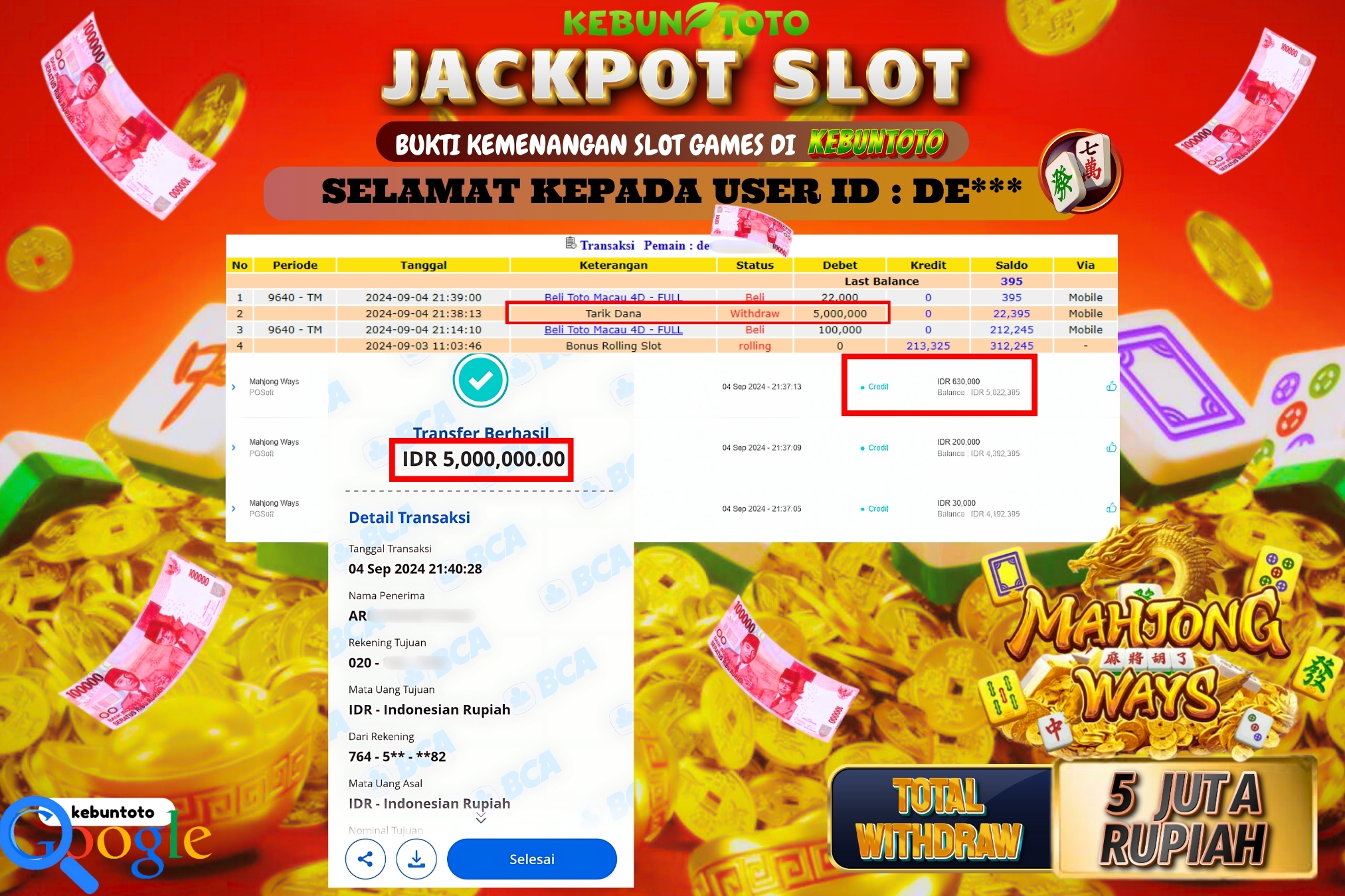 KEBUNTOTO JACKPOT SLOT MAHJONG WAYS Rp.5.000.000,- LUNAS