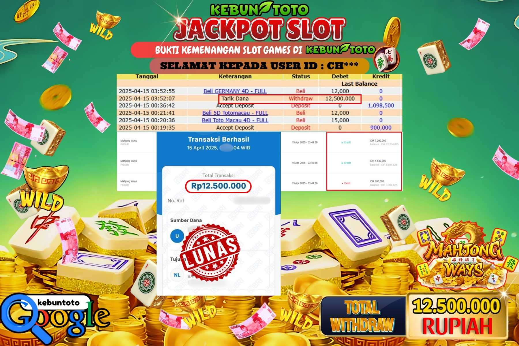 KEBUNTOTO JACKPOT, SLOT MAHJONG WAYS Rp 12.500.000,- LUNAS