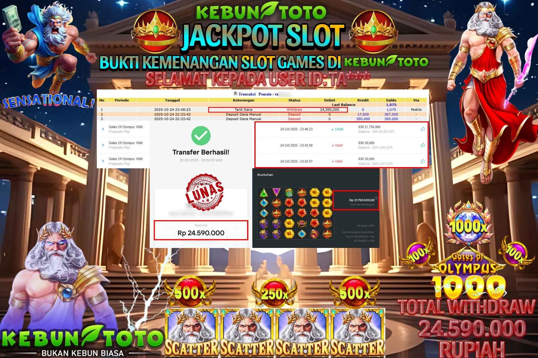 Bukti Kemenangan Rp 24.590.000 SLOT GATES OF OLYMPUS 1000 di KEBUNTOTO!