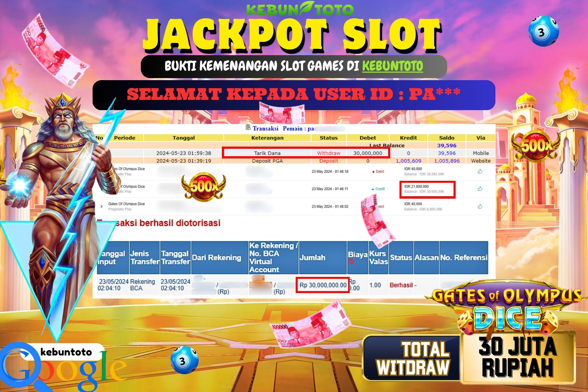 KEBUNTOTO JACKPOT SLOT GATES OF OLYMPUS DICE Rp.30.000.000,- LUNAS