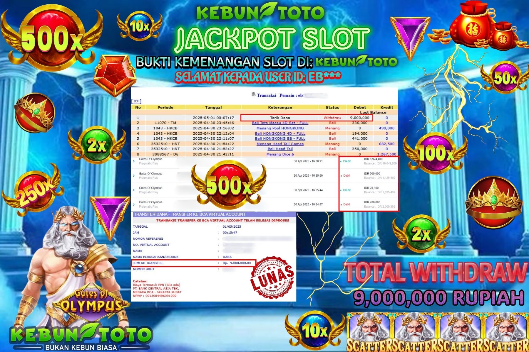 KEBUNTOTO JACKPOT SLOT GATES OF OLYMPUS Rp 9.000.000 ,- LUNAS