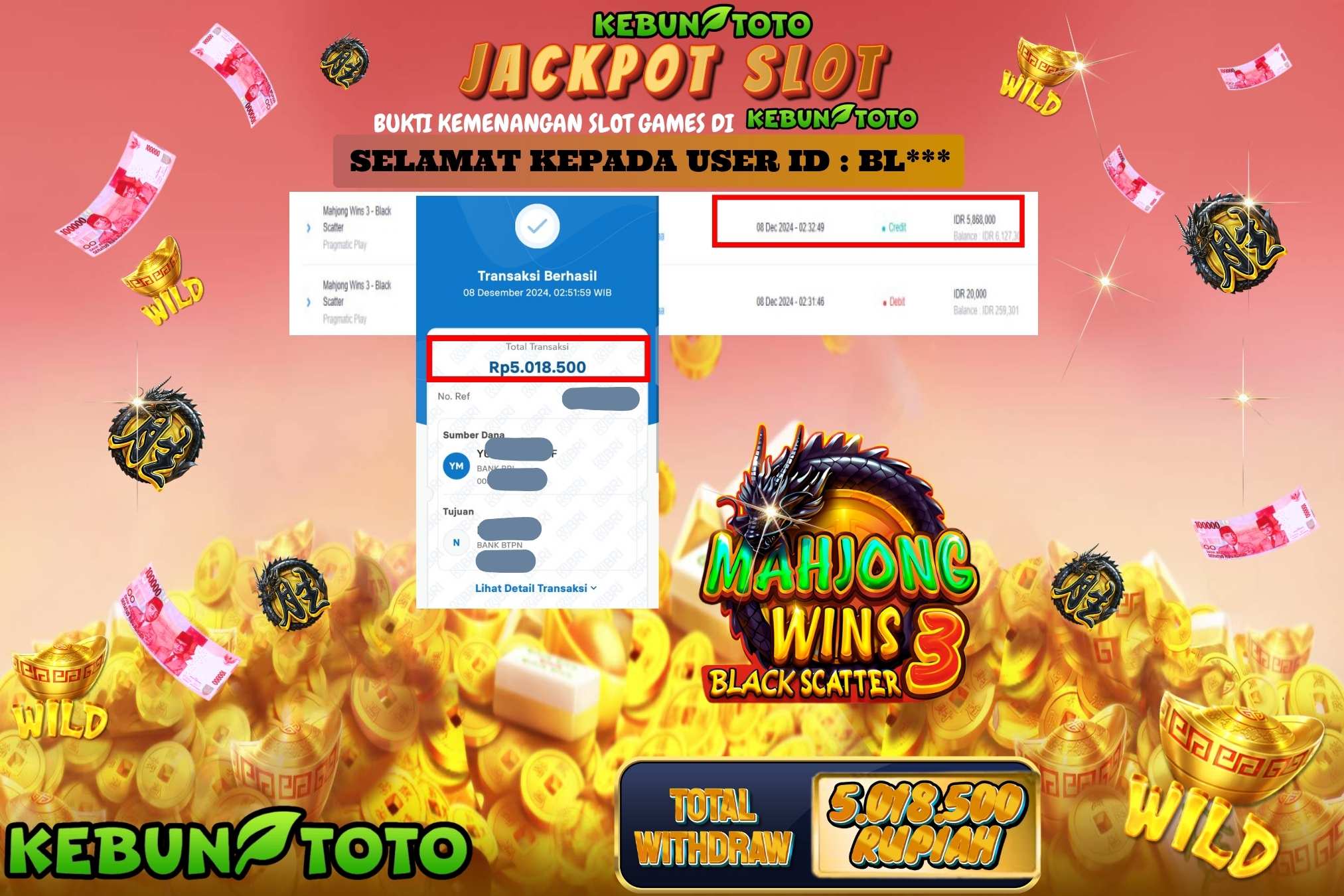 KEBUNTOTO JACKPOT SLOT MAHJONG WINS 3 Rp.5.018.500,- LUNAS