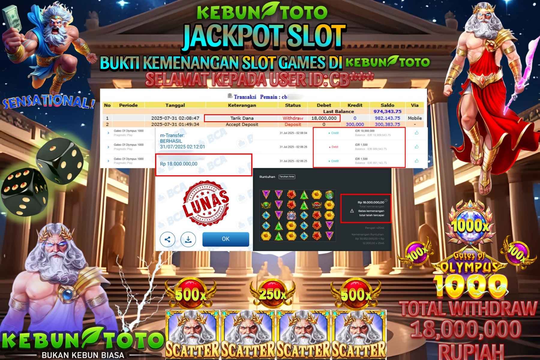 Bukti Kemenangan Rp 18.000.000 SLOT GATES OF OLYMPUS 1000 di KEBUNTOTO!
