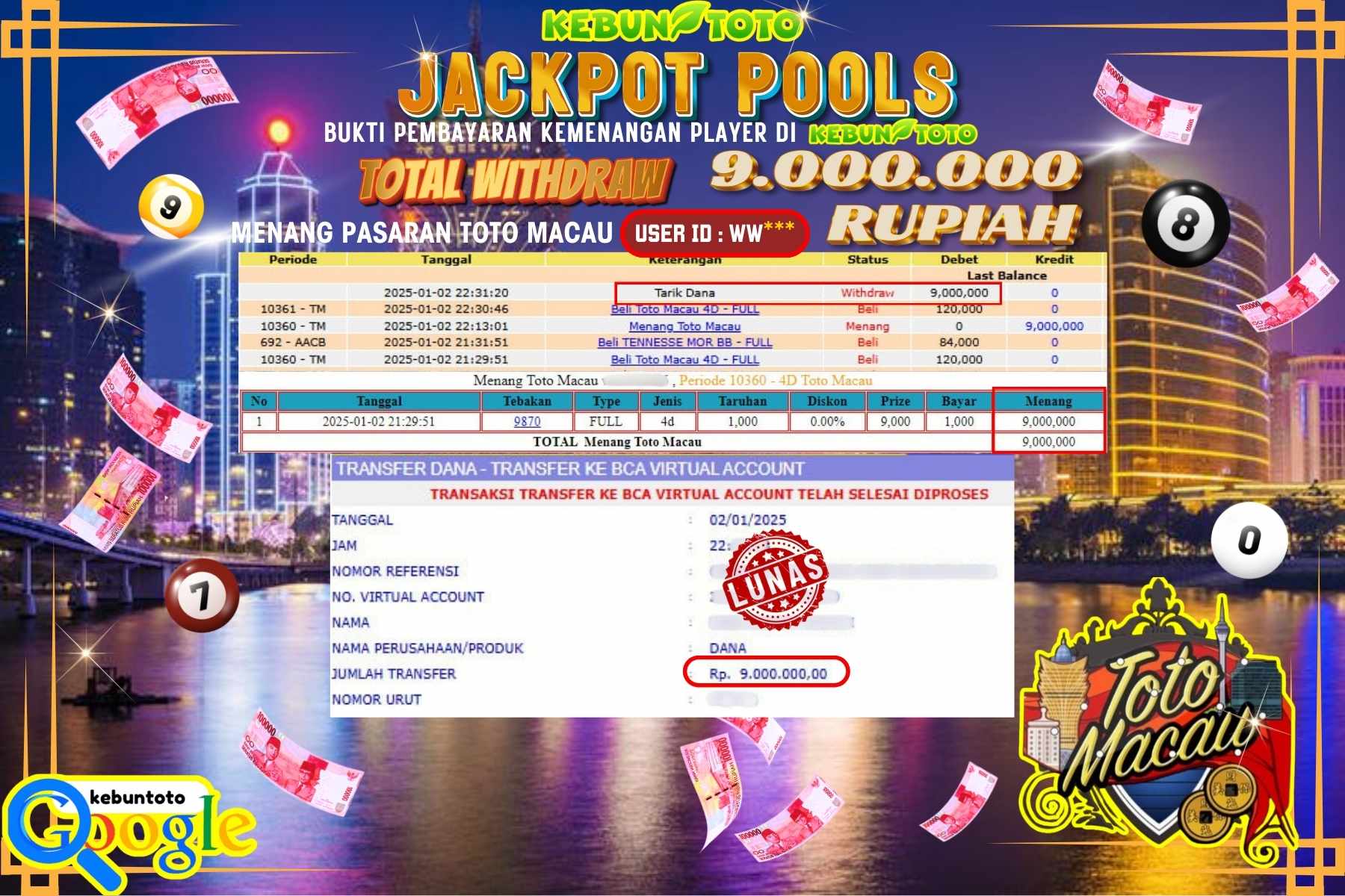 KEBUNTOTO JACKPOT TOTO MACAU POOLS , Sebesar Rp.9.000.000,- LUNAS
