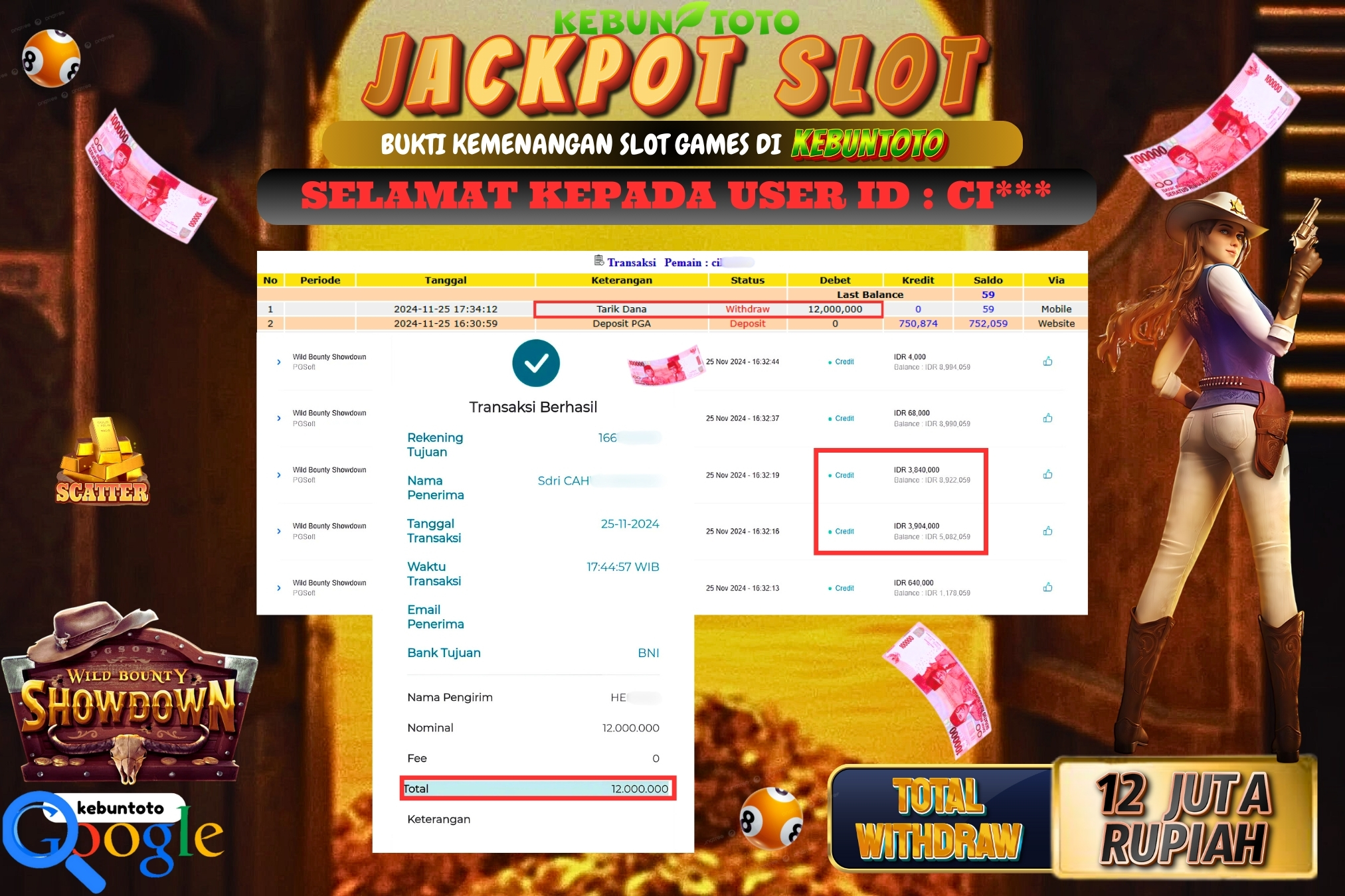 KEBUNTOTO JACKPOT SLOT WILD BOUNTY SHOWDOWN Rp.12.000.000,- LUNAS
