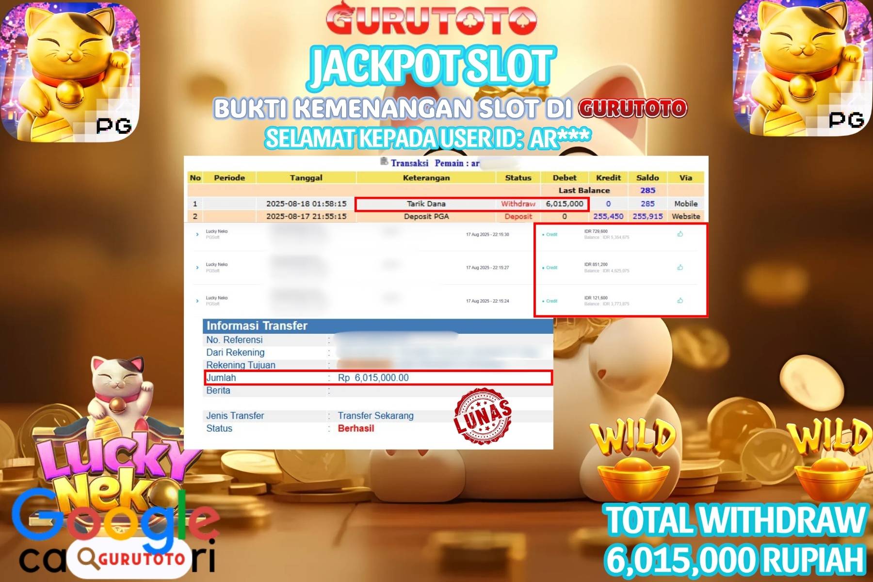 Bukti Kemenangan Rp 6.015.000 SLOT LUCKY NEKO di GURUTOTO!