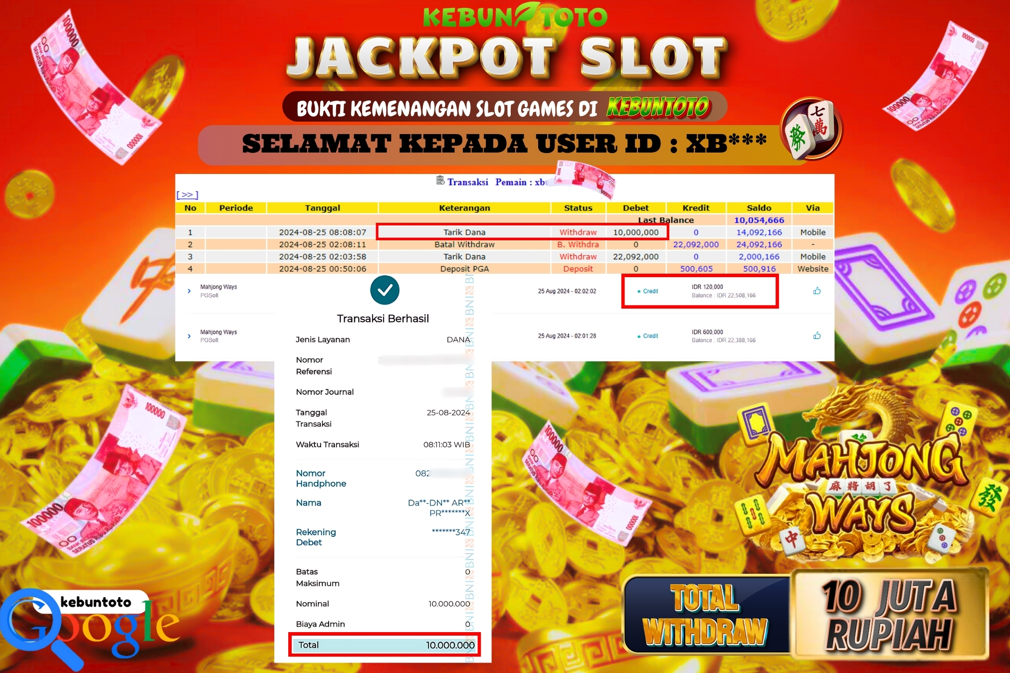 KEBUNTOTO JACKPOT SLOT MAHJONG WAYS Rp.10.000.000,- LUNAS