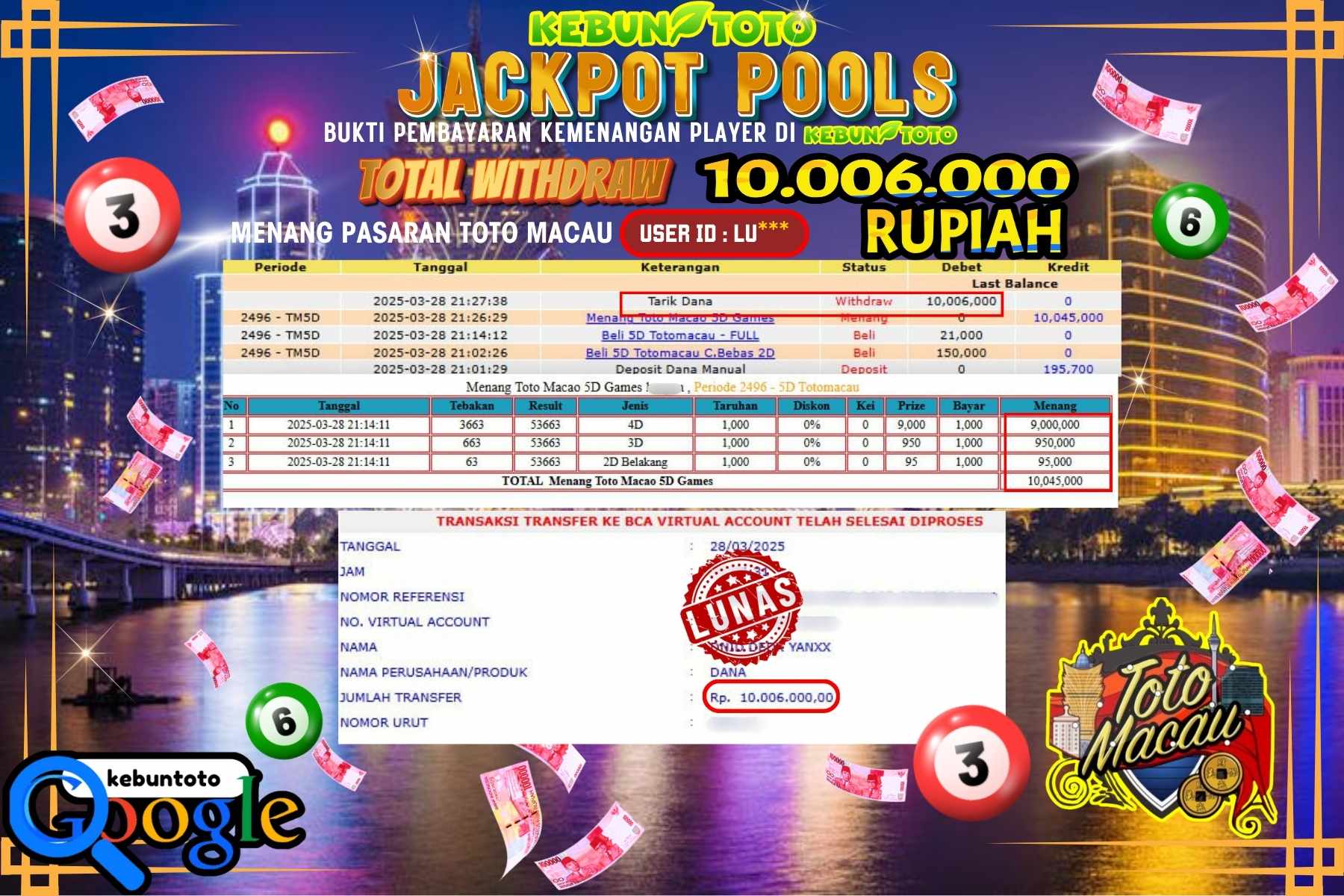 KEBUNTOTO JACKPOT, TOTO MACAU POOLS Rp 10.006.000,- LUNAS