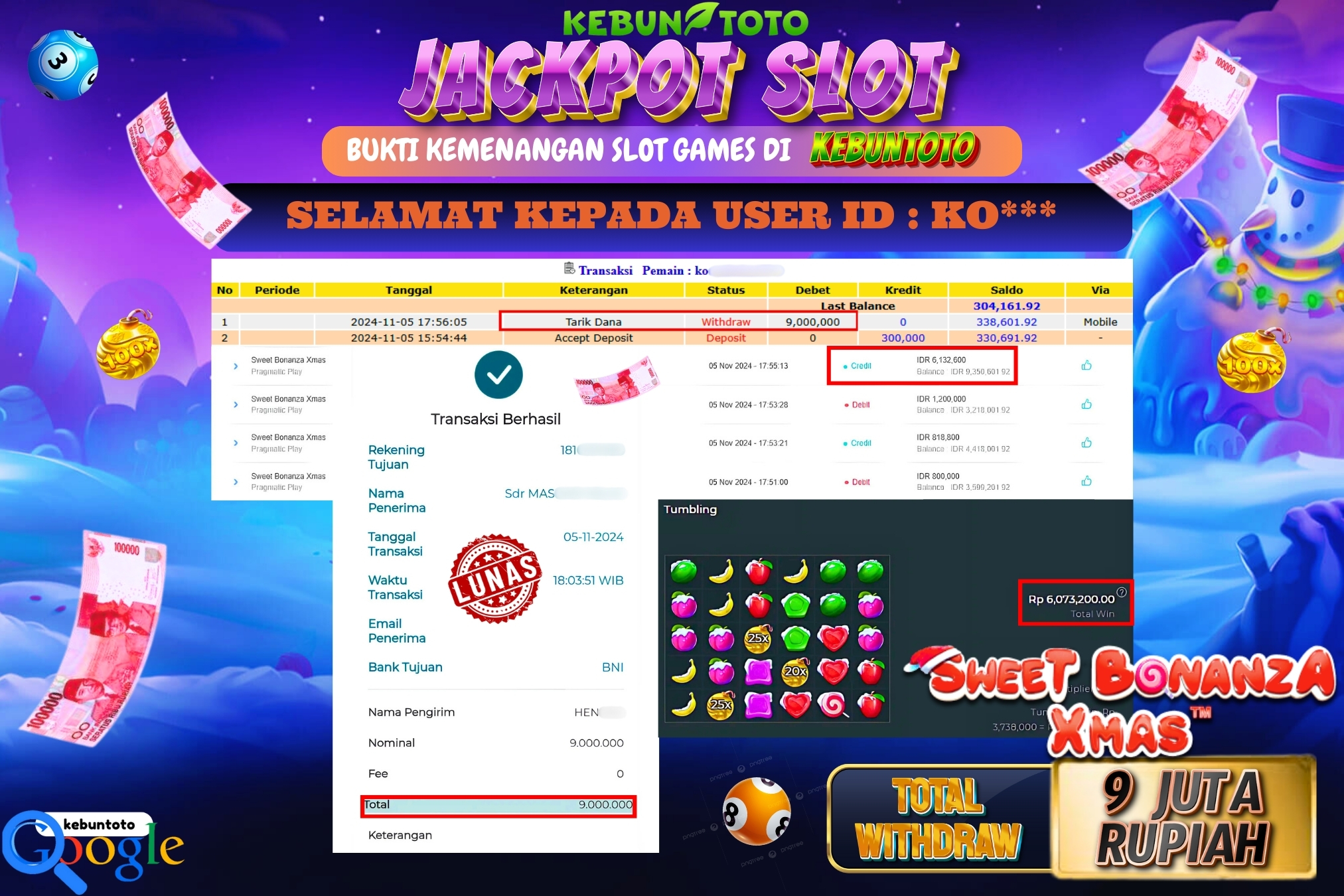 KEBUNTOTO JACKPOT SLOT SWEET BONANZA XMAS Rp.9.000.000,- LUNAS