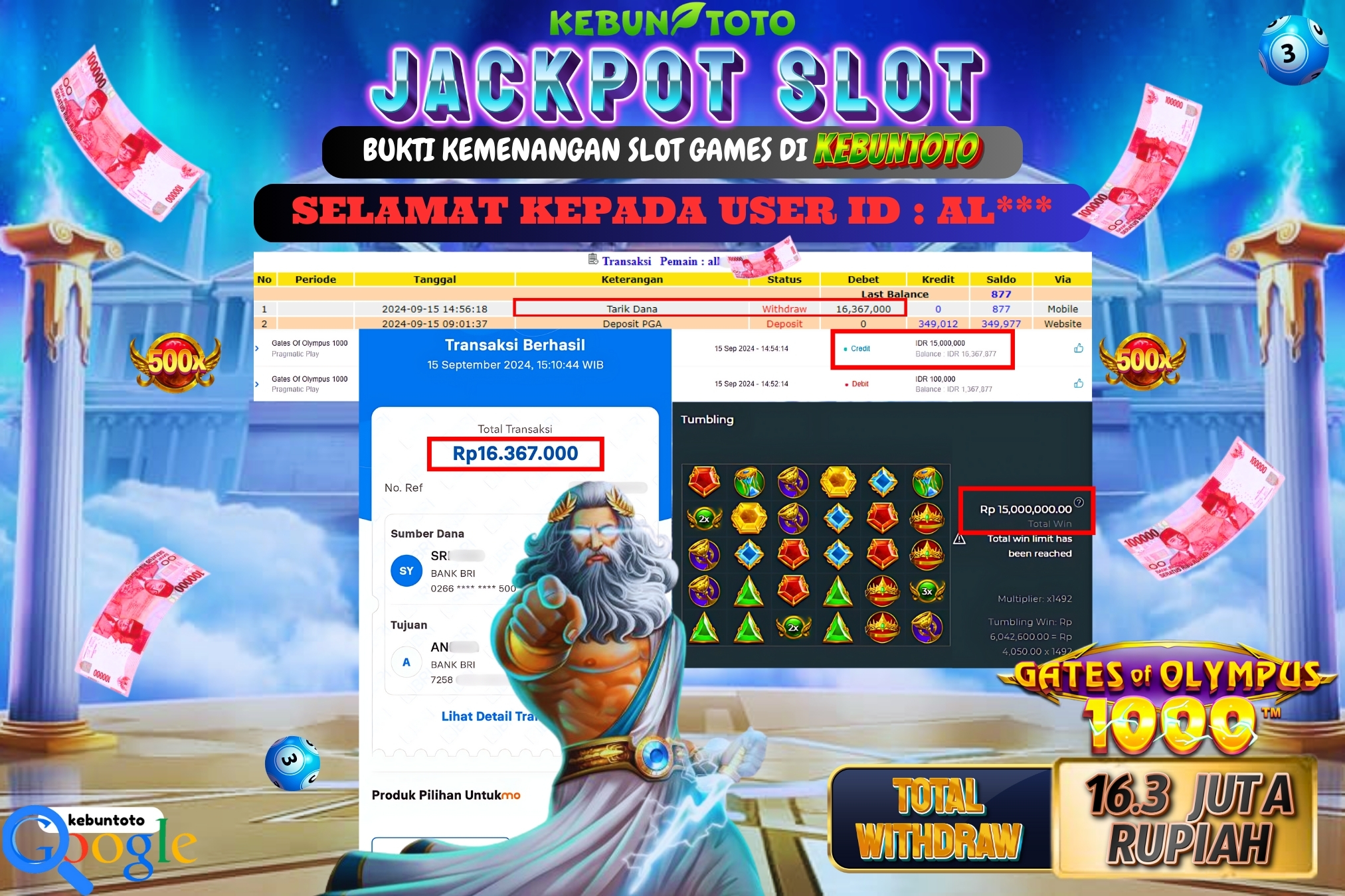 KEBUNTOTO JACKPOT SLOT GATES OF OLYMPUS 1000 Rp.16.367.000,- LUNAS