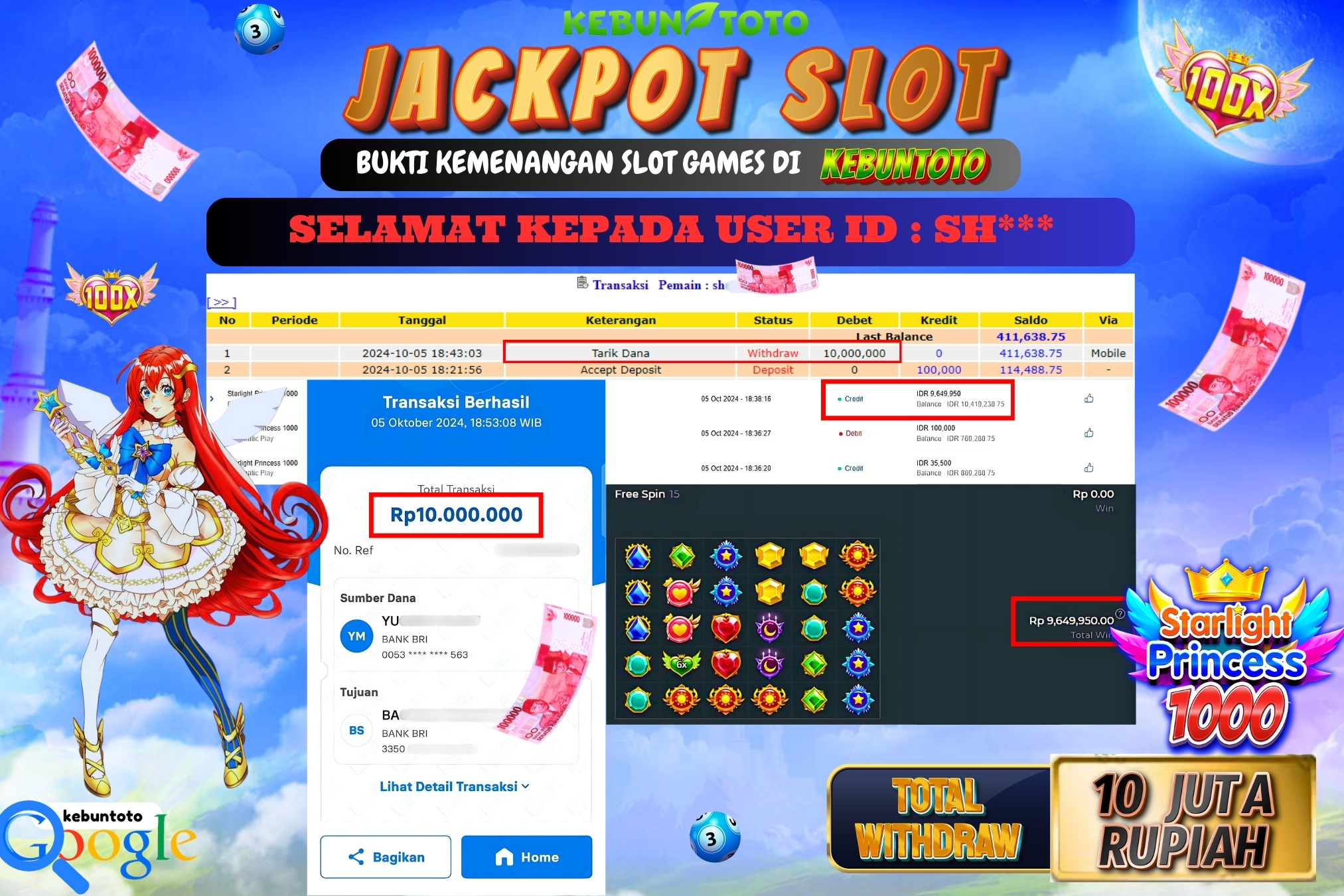 KEBUNTOTO JACKPOT SLOT STARLIGHT PRINCESS 1000 Rp.10.000.000,- LUNAS
