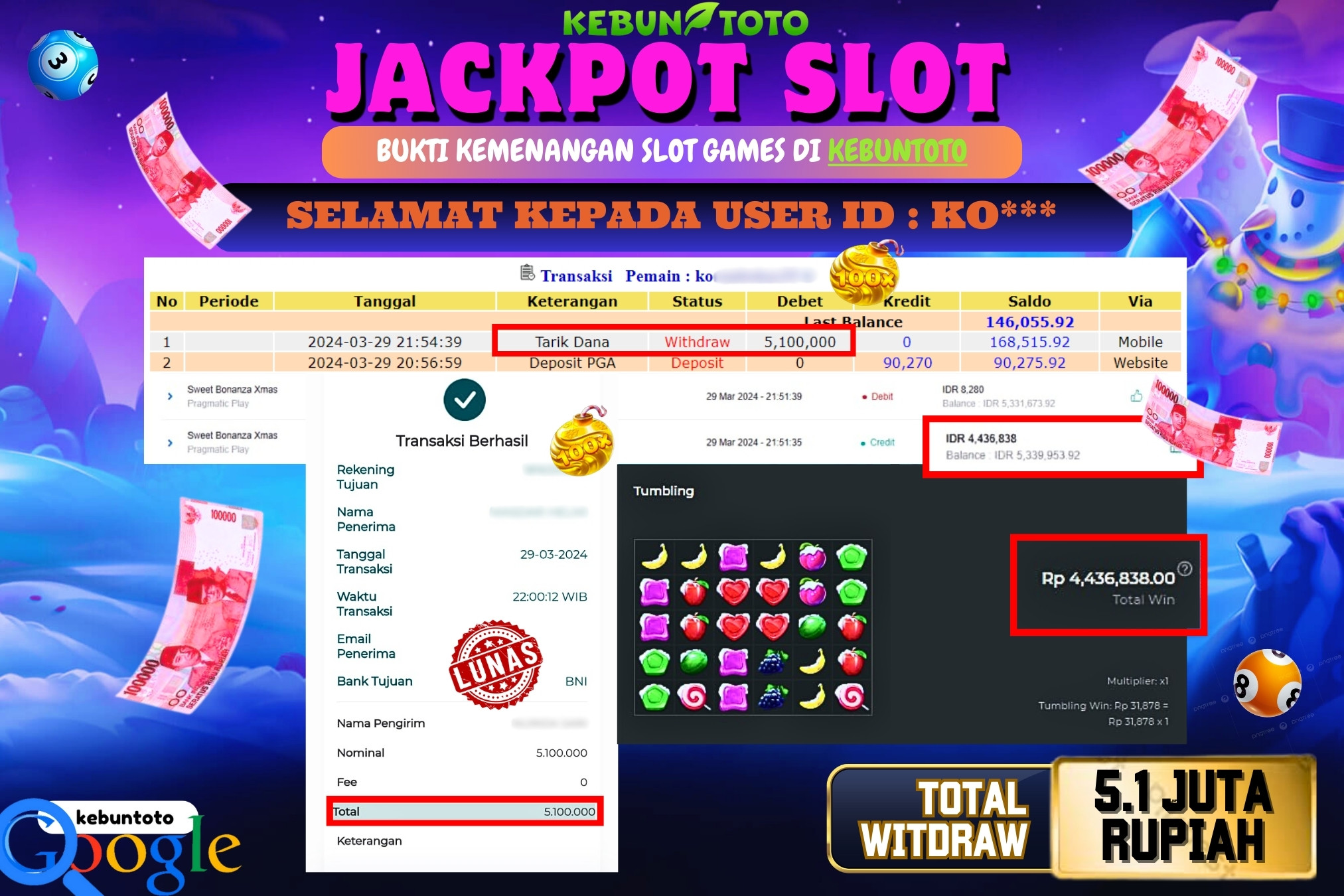KEBUNTOTO JACKPOT SLOT SWEET BONANZA XMAS Rp.5.100.000,- LUNAS