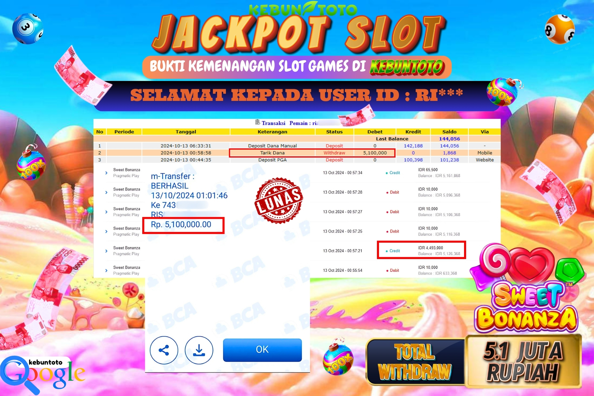 KEBUNTOTO JACKPOT SLOT SWEET BONANZA Rp.5.100.000,- LUNAS