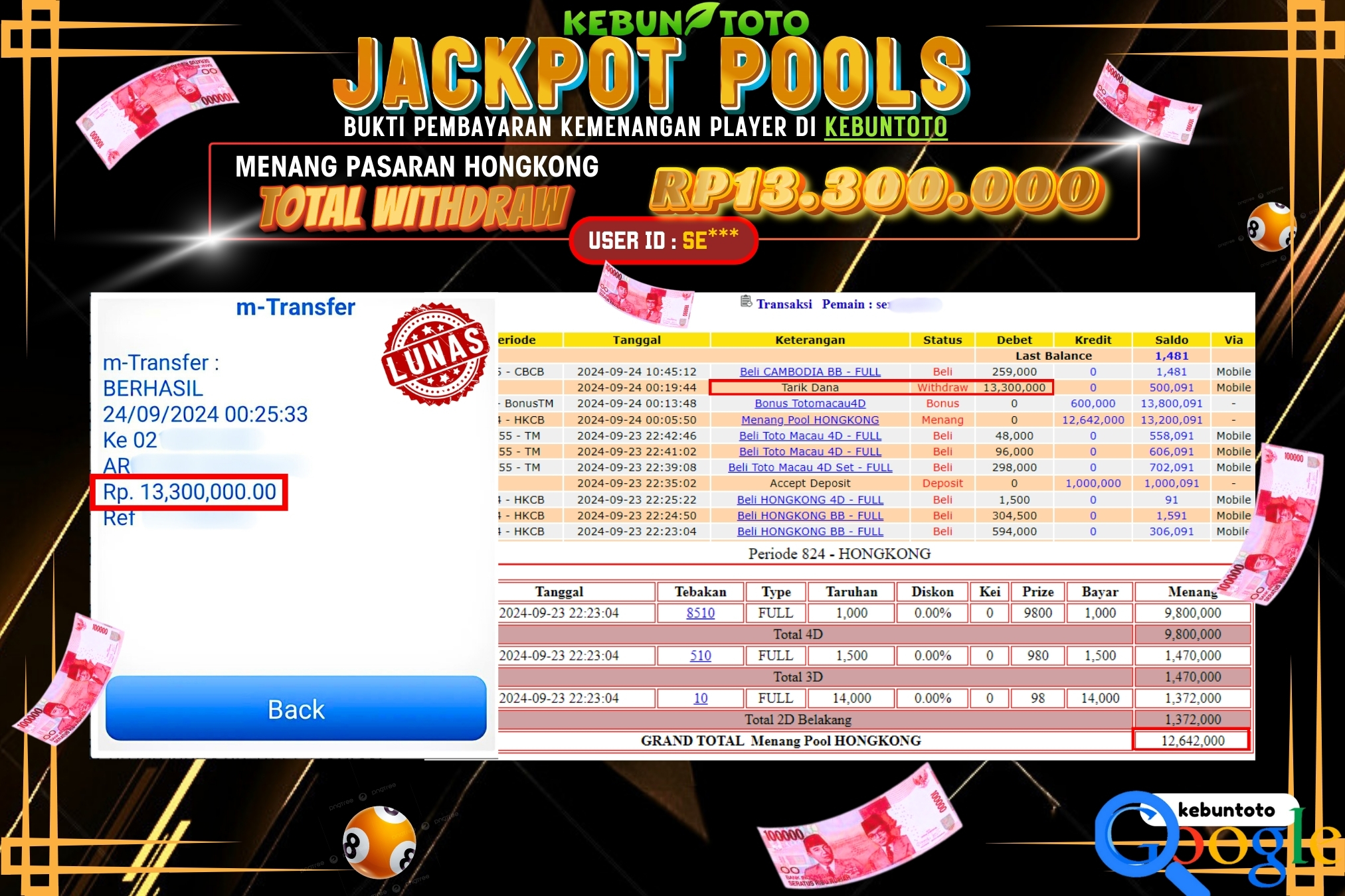 KEBUNTOTO JACKPOT TOGEL PASARAN HONGKONG Rp.13.300.000,- LUNAS