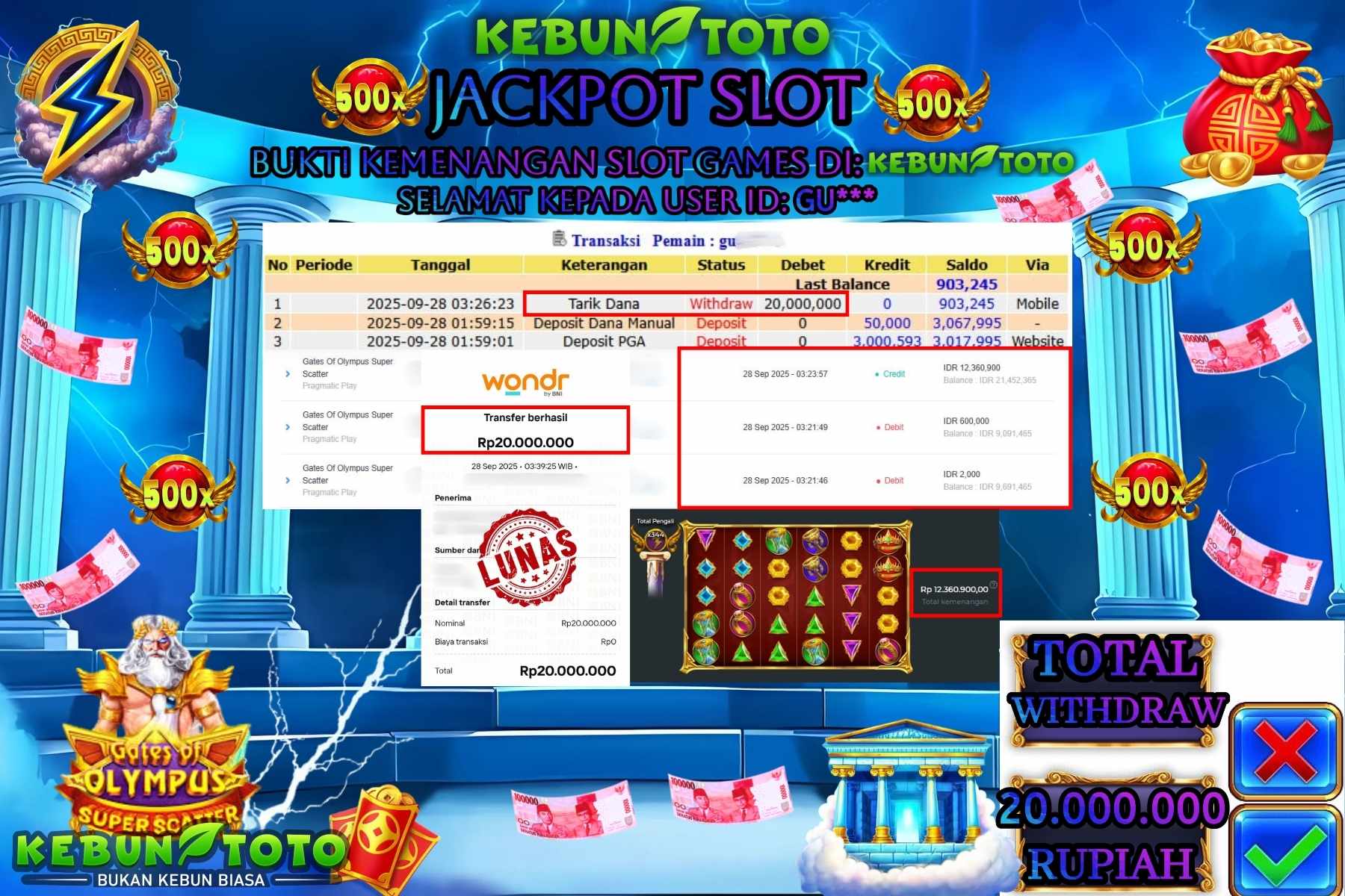 Bukti Kemenangan Rp 20.000.000 SLOT GATES OF OLYMPUS SUPER SCATTER di KEBUNTOTO!