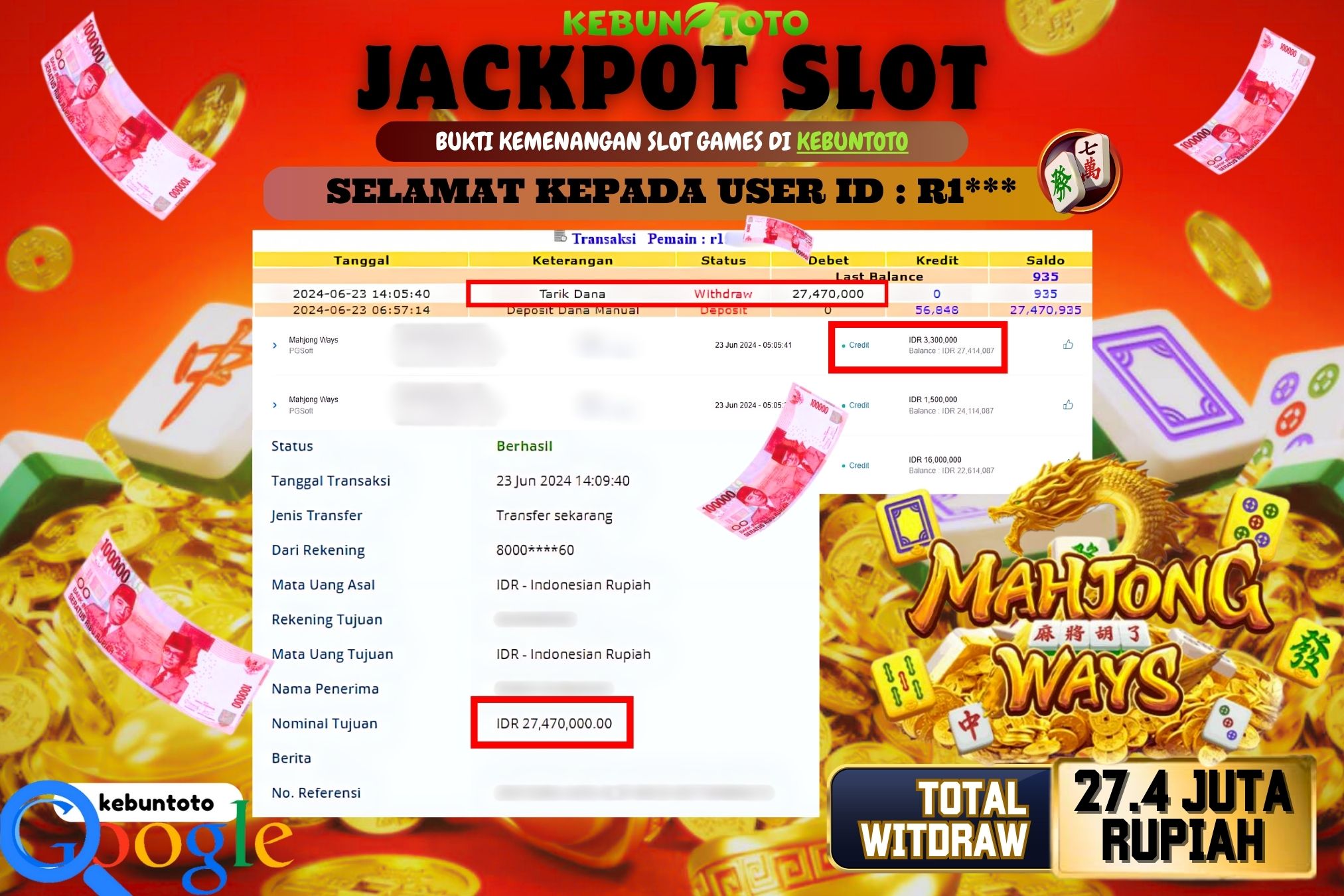 KEBUNTOTO JACKPOT SLOT MAHJONG WAYS Rp.27.470.000,- LUNAS