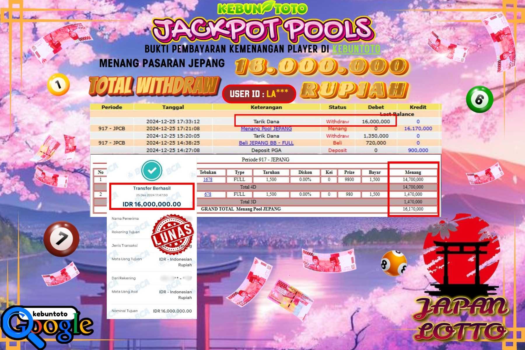 KEBUNTOTO JACKPOT TOTO JAPAN POOLS , Sebesar Rp.16.000.000,- LUNAS
