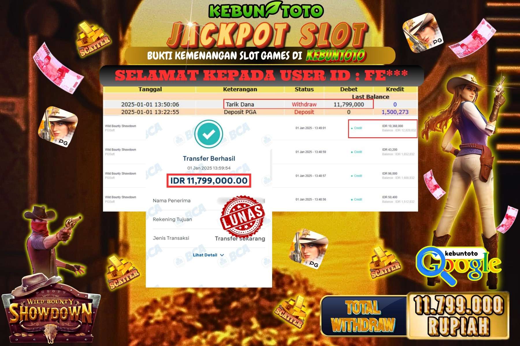 KEBUNTOTO JACKPOT SLOT WILD BOUNTY SHOWDOWN , Sebesar Rp.11.799.000,- LUNAS