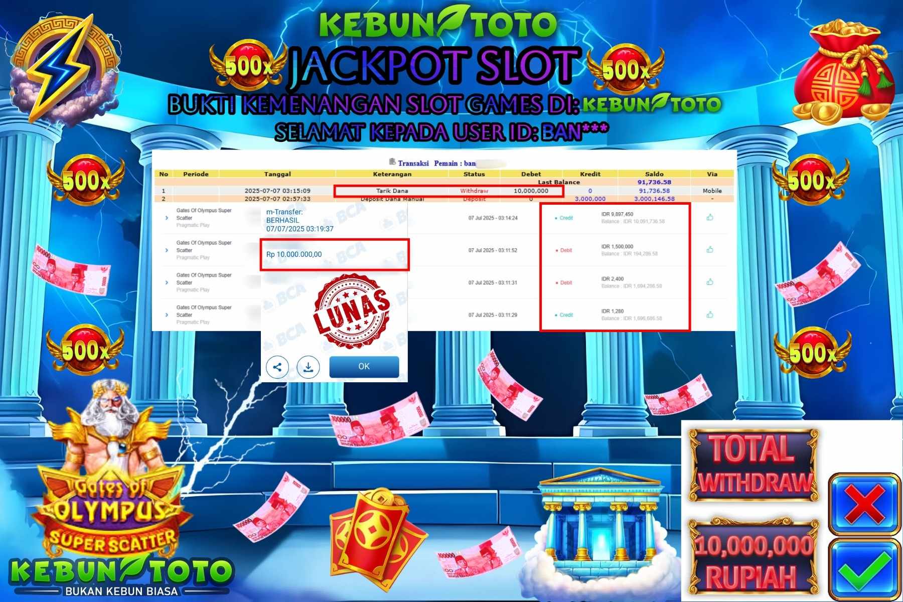 Bukti Kemenangan Rp 10.000.000 SLOT GATES OF OLYMPUS SUPER SCATTER di KEBUNTOTO!