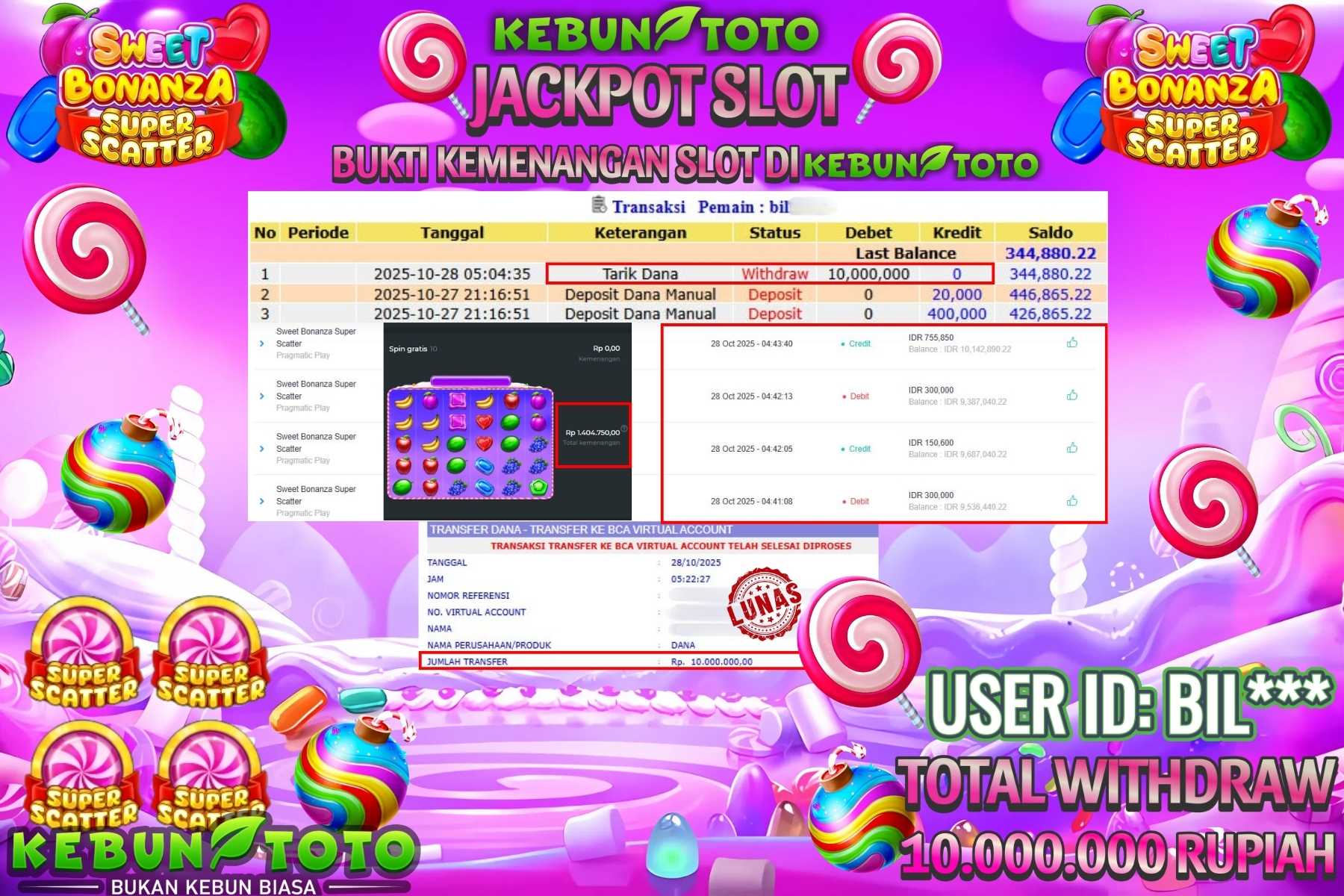 Bukti Kemenangan Rp 10.000.000 SLOT SWEET BONANZA SUPER SCATTER di KEBUNTOTO!