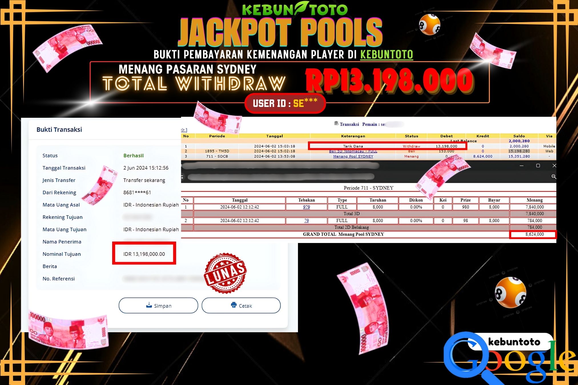KEBUNTOTO JACKPOT TOGEL PASARAN SYDNEY Rp.13.198.000,- LUNAS