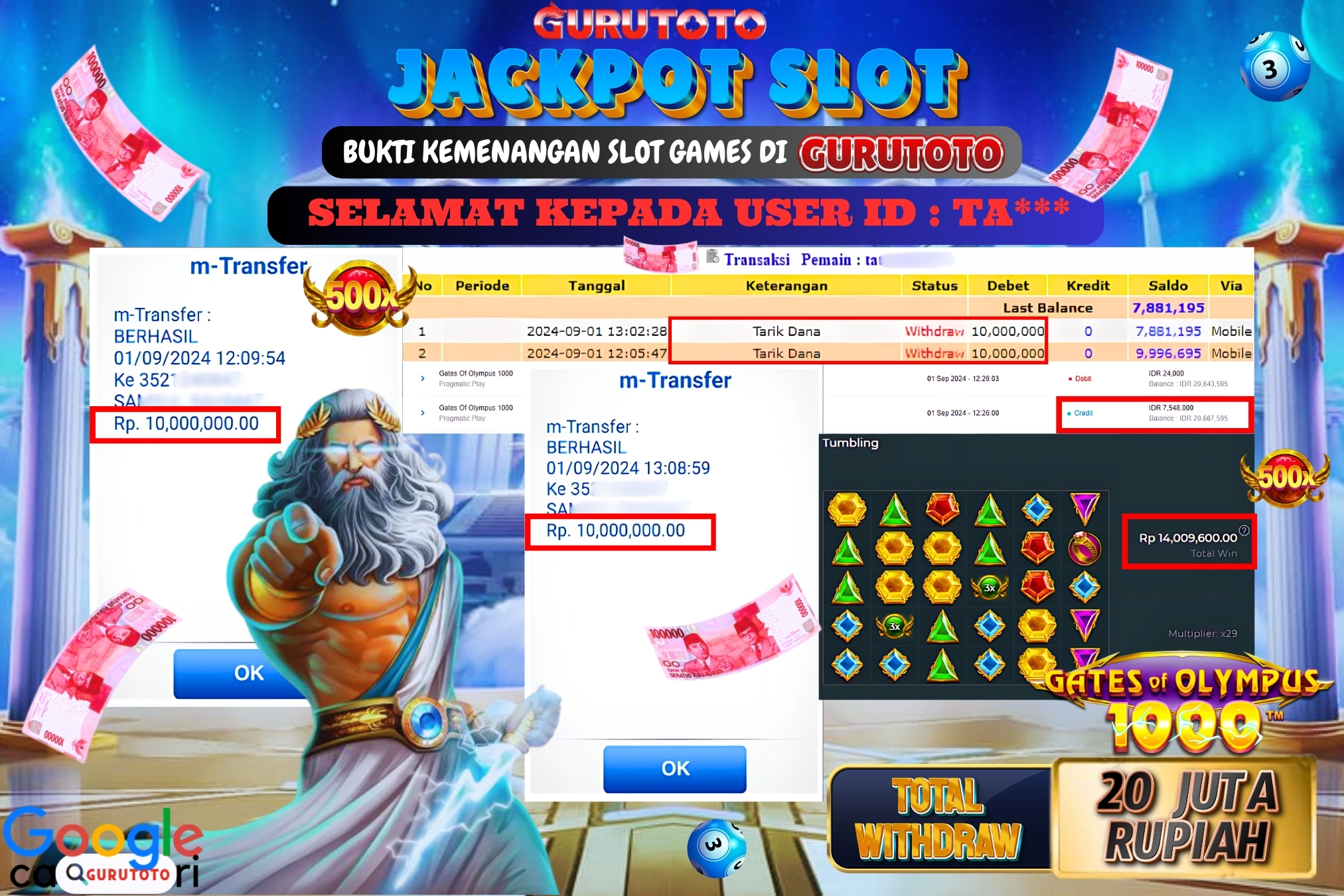 Jackpot Slot Gates of Olympus 1000 di Gurutoto sebesar Rp.20.000.000 dibayar lunas.