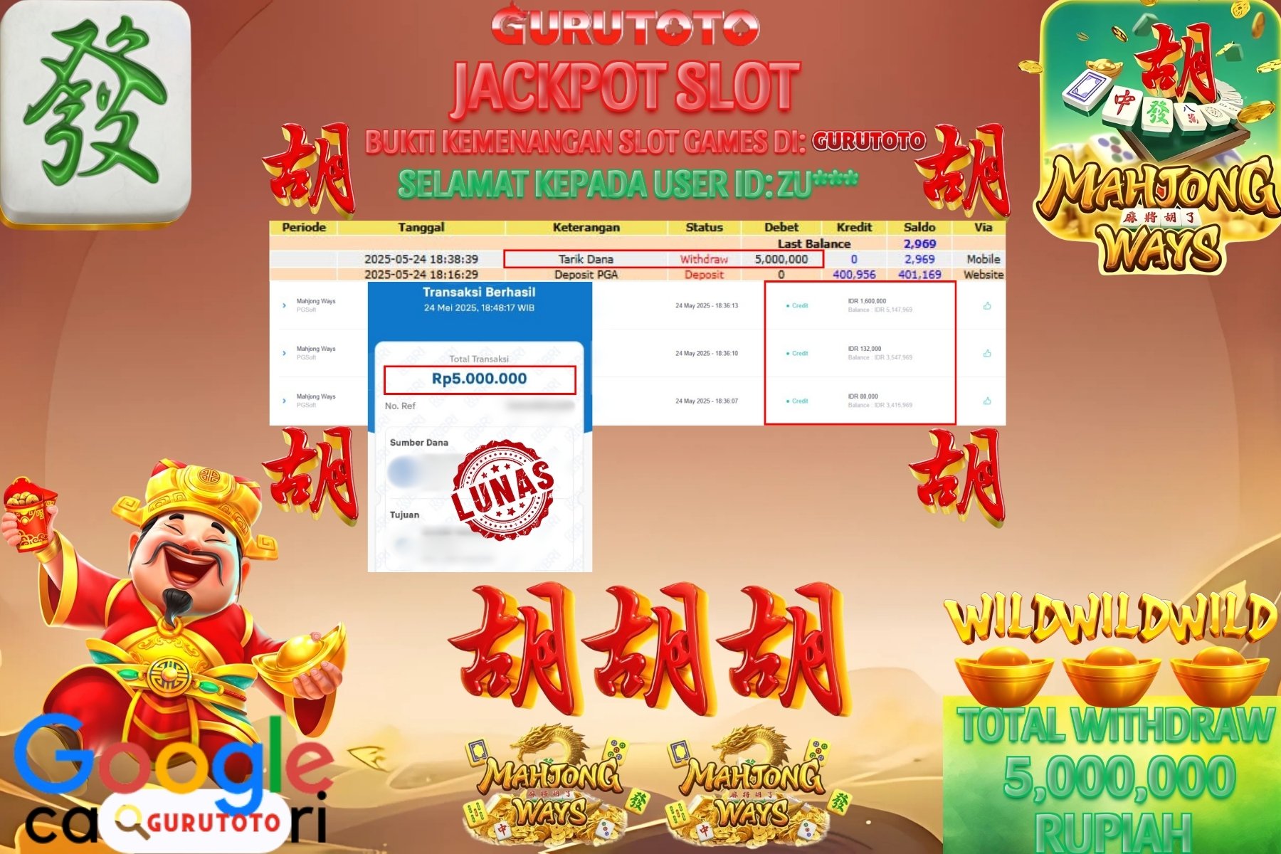 GURUTOTO JACKPOT, SLOT MAHJONG WAYS , Sebesar Rp 5.000.000,- LUNAS