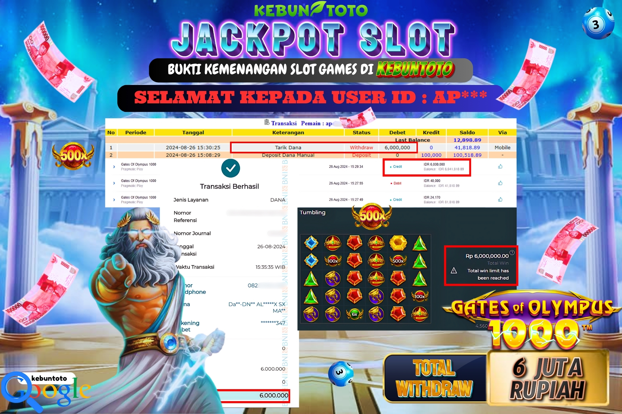 KEBUNTOTO JACKPOT SLOT GATES OF OLYMPUS 1000 Rp.6.000.000,- LUNAS