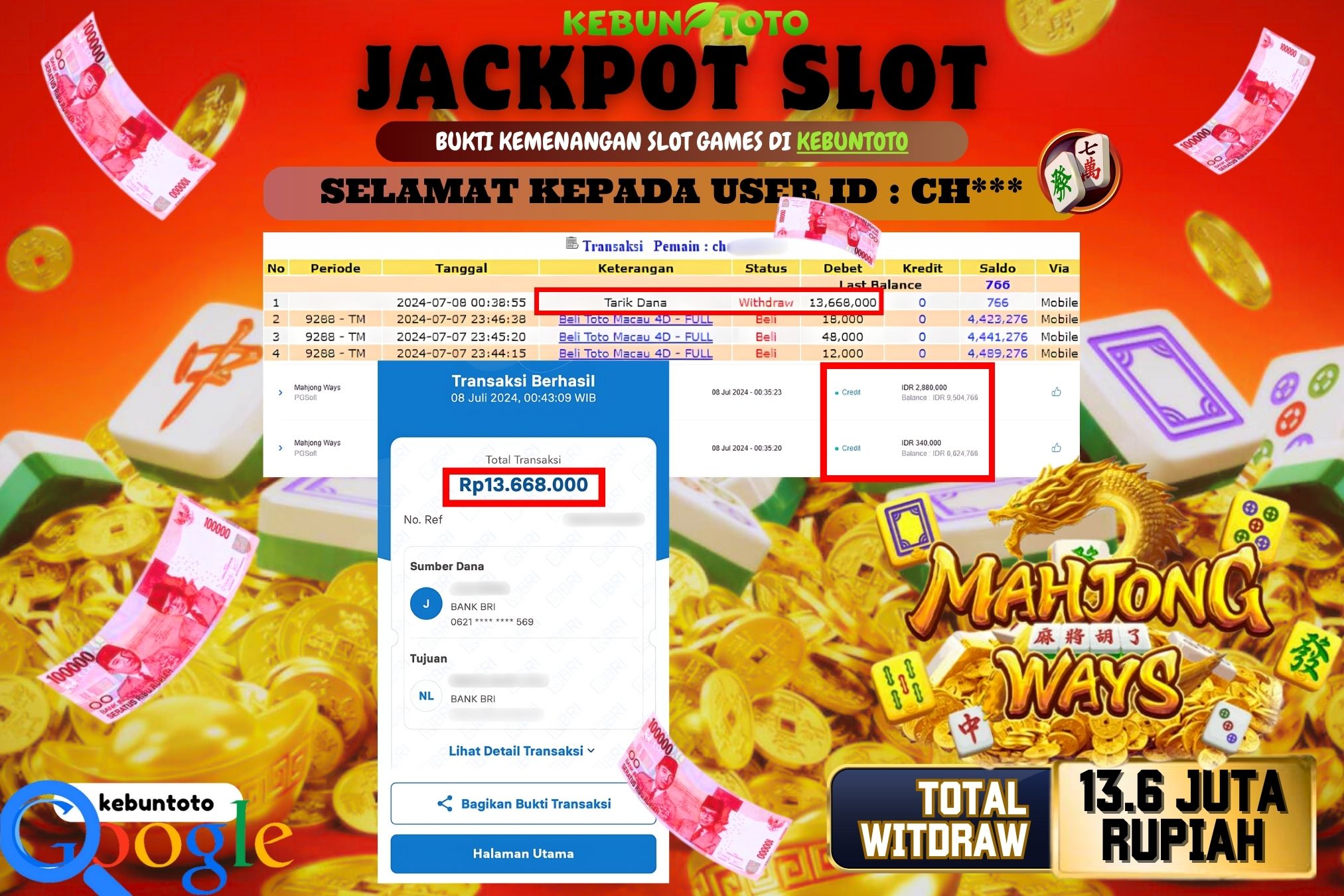KEBUNTOTO JACKPOT SLOT MAHJONG WAYS Rp.13.668.000,- LUNAS
