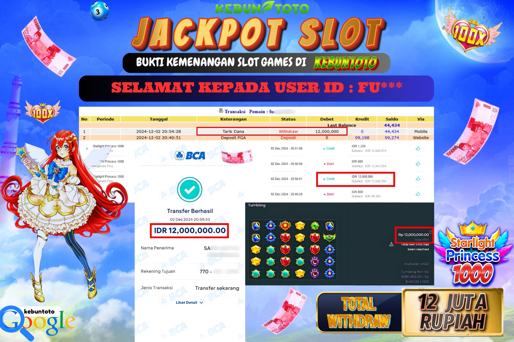 KEBUNTOTO JACKPOT SLOT STARLIGHT PRINCESS 1000 Rp.12.000.000,- LUNAS