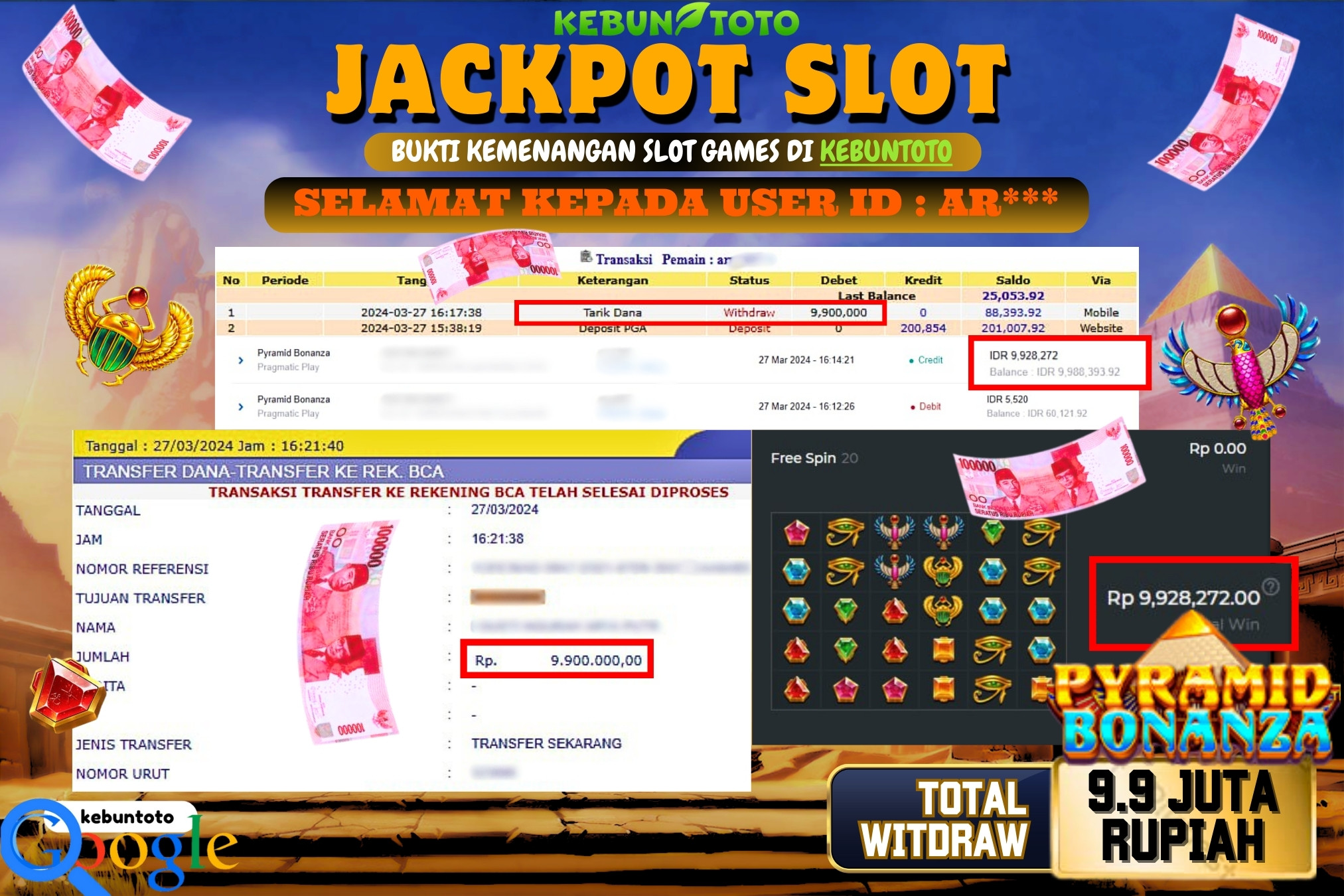 KEBUNTOTO JACKPOT SLOT PYRAMID BONANZA Rp.9.900.000,- LUNAS