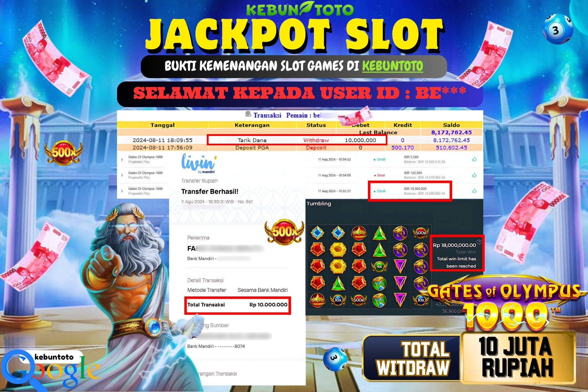 KEBUNTOTO JACKPOT SLOT GATES OF OLYMPUS 1000 Rp.10.000.000,- LUNAS