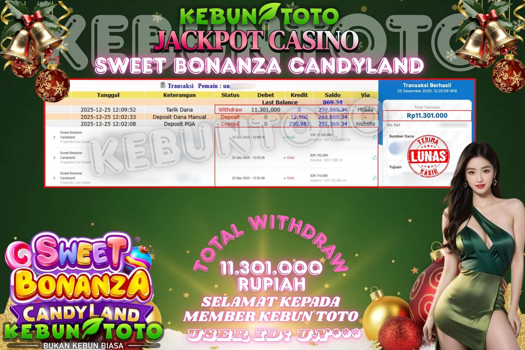 Bukti Kemenangan Rp 11.301.000 CASINO SWEET BONANZA CANDYLAND di KEBUNTOTO!