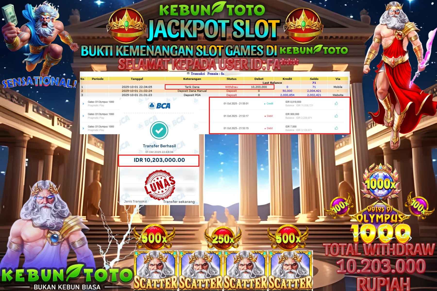 Bukti Kemenangan Rp 10.203.000 SLOT GATES OF OLYMPUS 1000 di KEBUNTOTO!