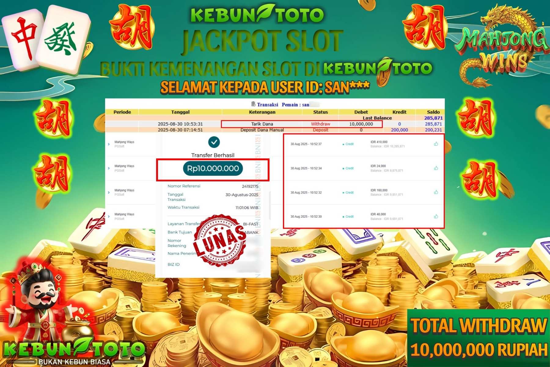Bukti Kemenangan Rp 10.000.000 SLOT MAHJONG WAYS di KEBUNTOTO!