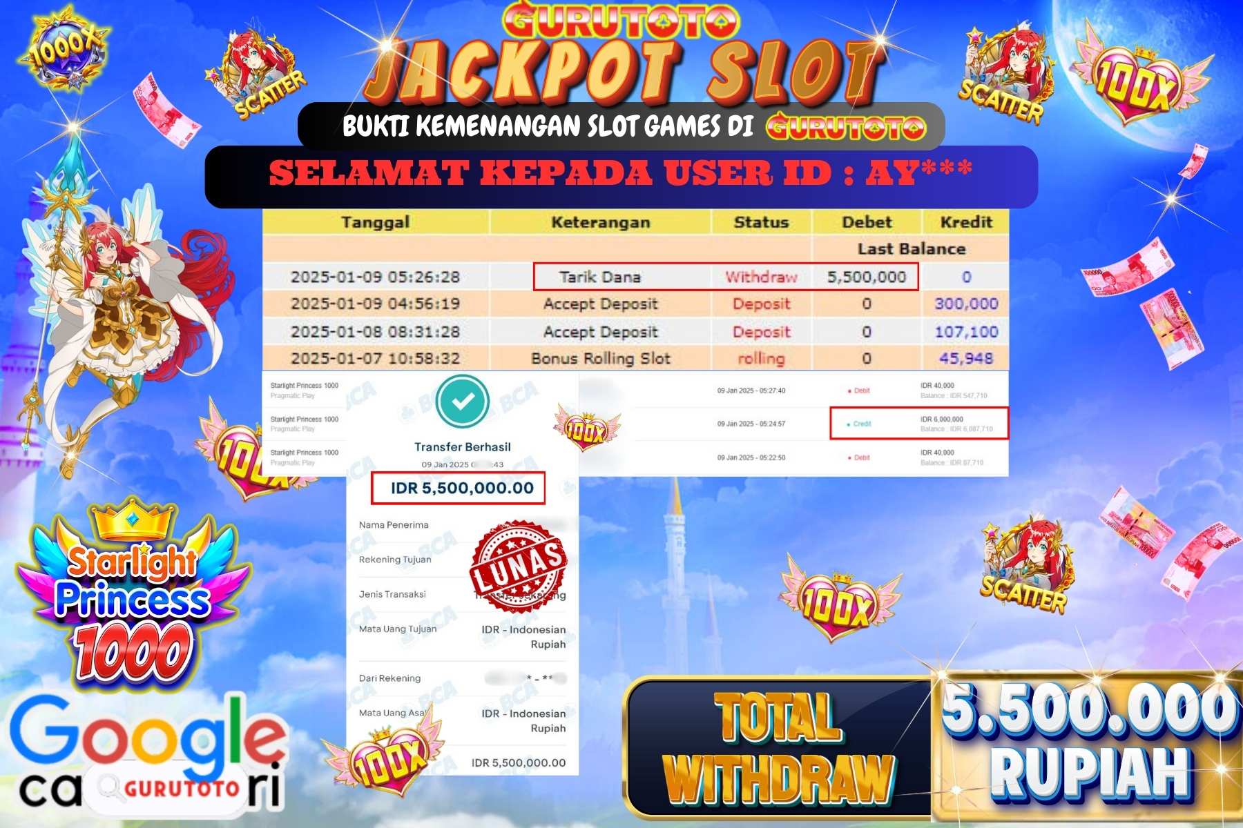 GURUTOTO, JACKPOT SLOT STARLIGHT PRINCESS sebesar Rp.5.500.000,- dibayar lunas.