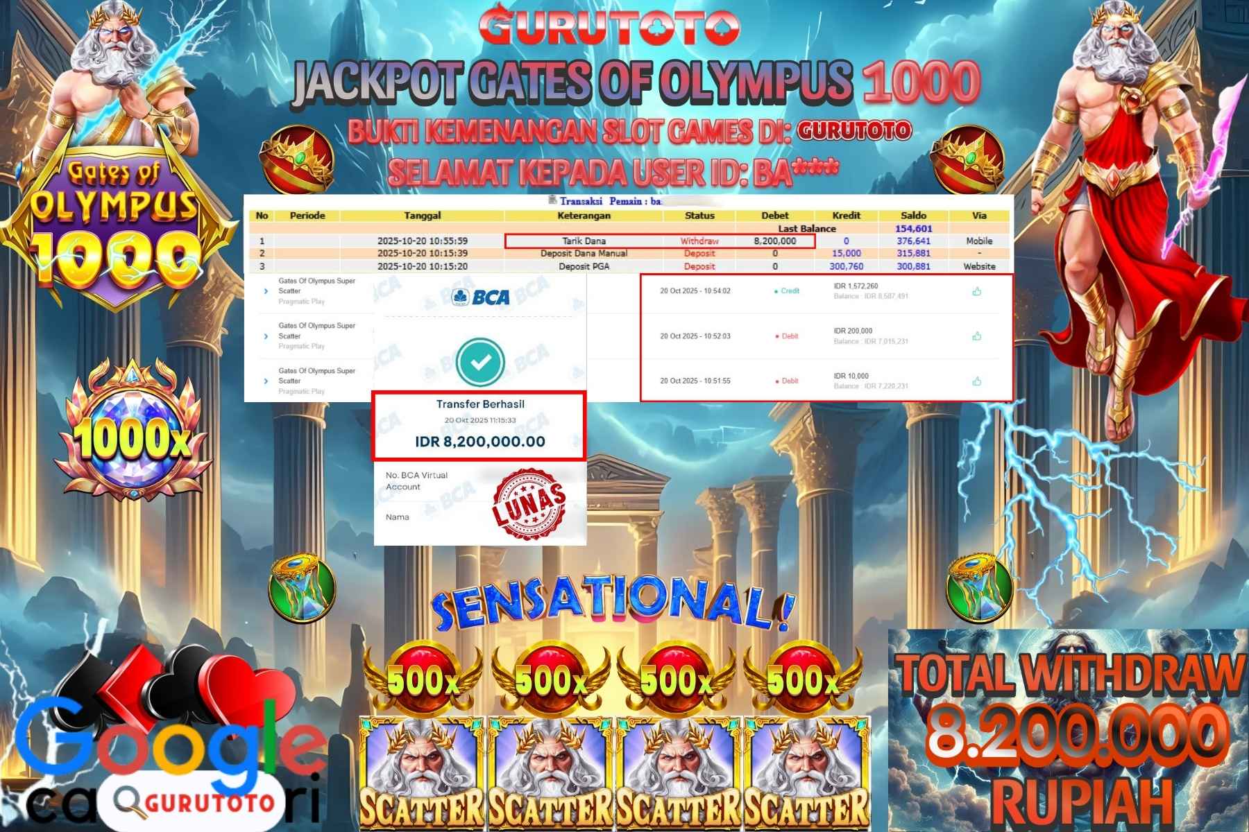 Bukti Kemenangan Rp 8.200.000  SLOT GATES OF OLYMPUS 1000 di GURUTOTO!
