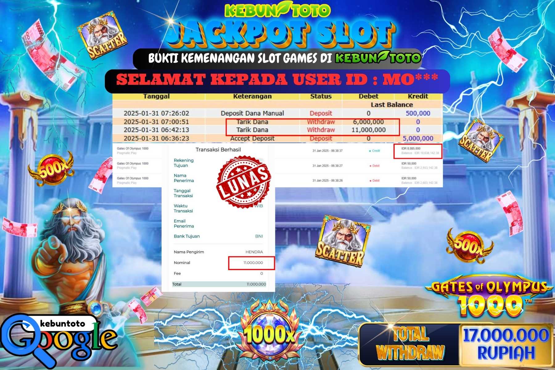 KEBUNTOTO JACKPOT SLOT GATES OF OLYMPUS 1000 , Sebesar Rp 17.000.000,- LUNAS