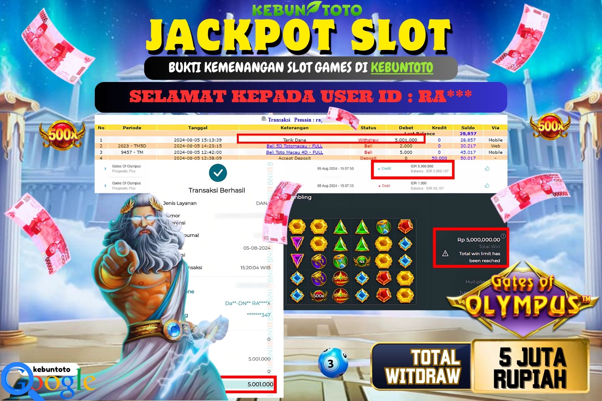 KEBUNTOTO JACKPOT SLOT GATES OF OLYMPUS 1000 Rp.5.001.000,- LUNAS