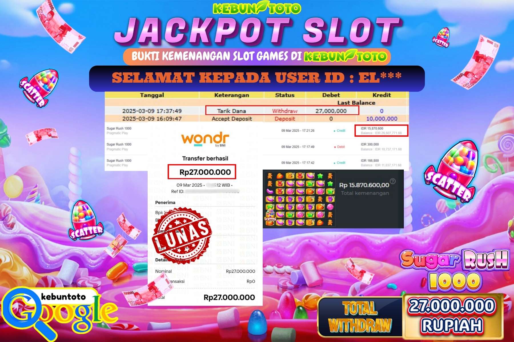 KEBUNTOTO JACKPOT, SLOT SUGAR RUSH 1000 Sebesar Rp 27.000.000,- LUNAS