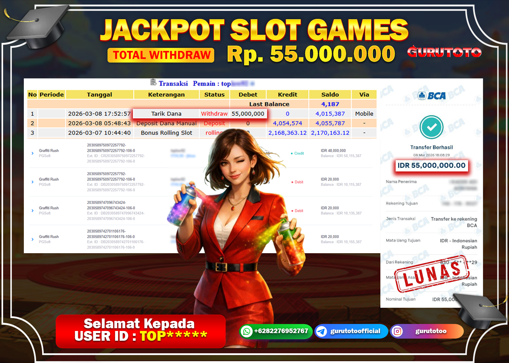 Bukti Kemenangan Rp 55.000.000 GRAFFITI RUSH di GURUTOTO !