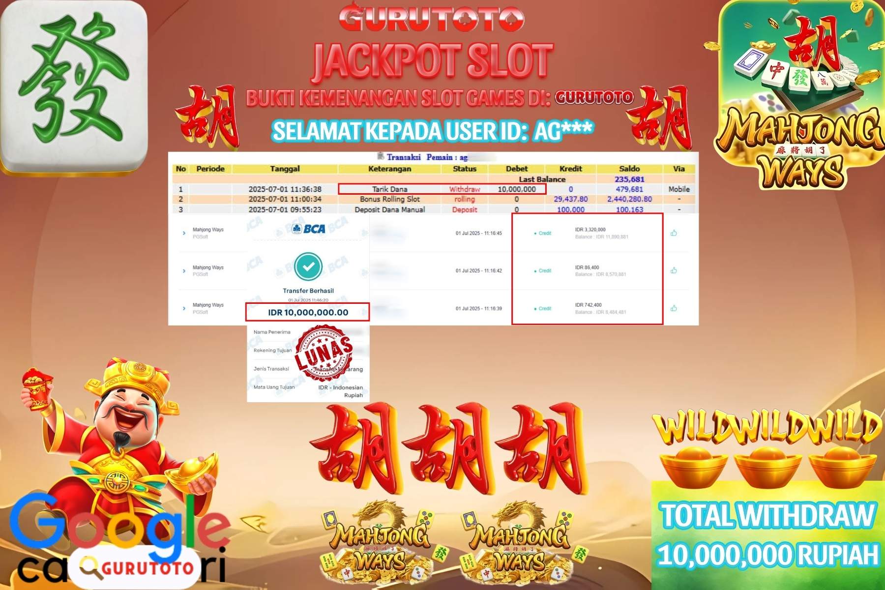 Bukti Kemenangan Rp 10.00.000 SLOT MAHJONG WAYS di GURUTOTO!