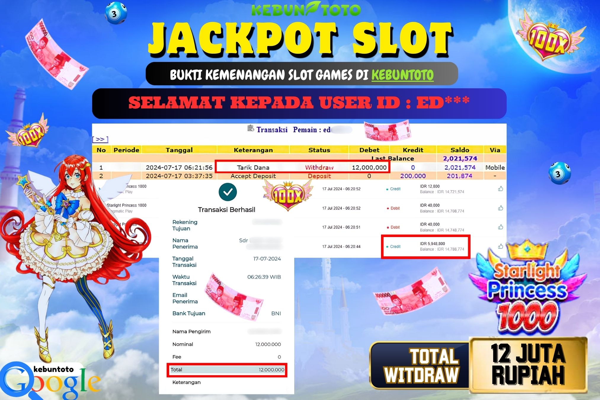 KEBUNTOTO JACKPOT SLOT STARLIGHT PRINCESS 1000 Rp.12.000.000,- LUNAS