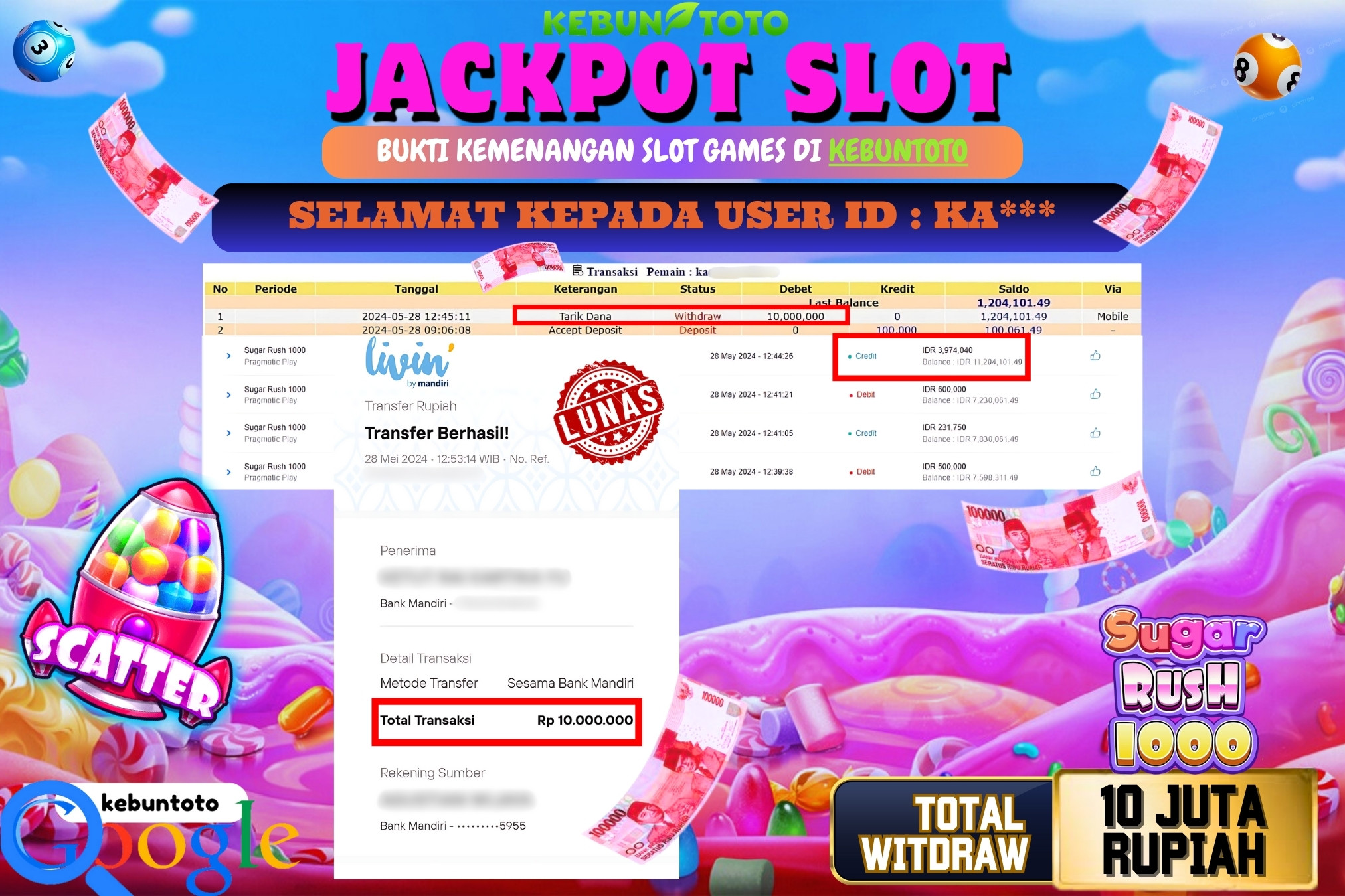 KEBUNTOTO JACKPOT SLOT SUGAR RUSH 1000 Rp.10.000.000,- LUNAS
