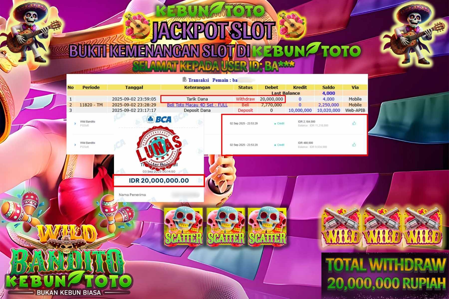 Bukti Kemenangan Rp 20.000.000 SLOT WILD BANDITO di KEBUNTOTO!