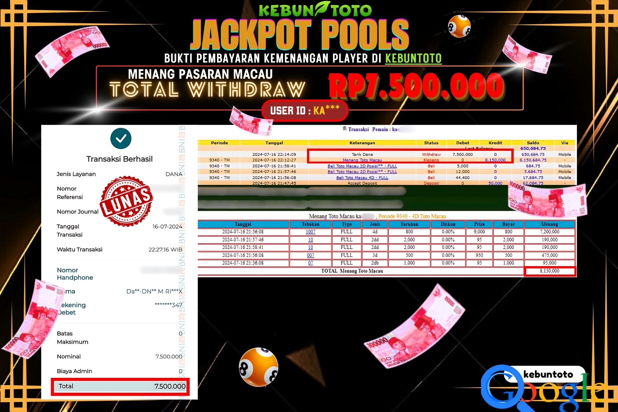 KEBUNTOTO JACKPOT TOGEL PASARAN MACAU Rp.7.500.000,- LUNAS