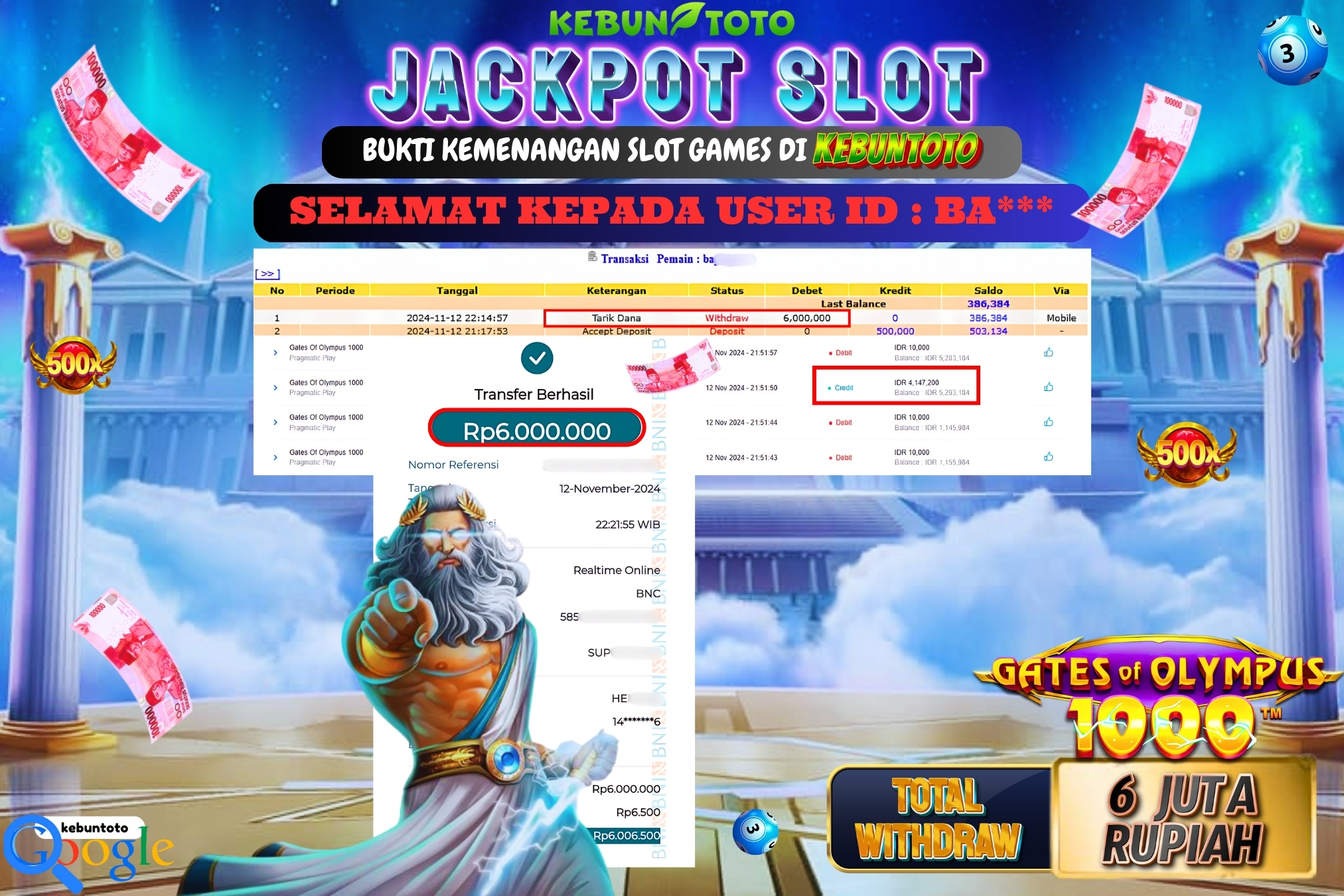 KEBUNTOTO JACKPOT SLOT GATES OF OLYMPUS 1000 Rp.6.000.000,- LUNAS